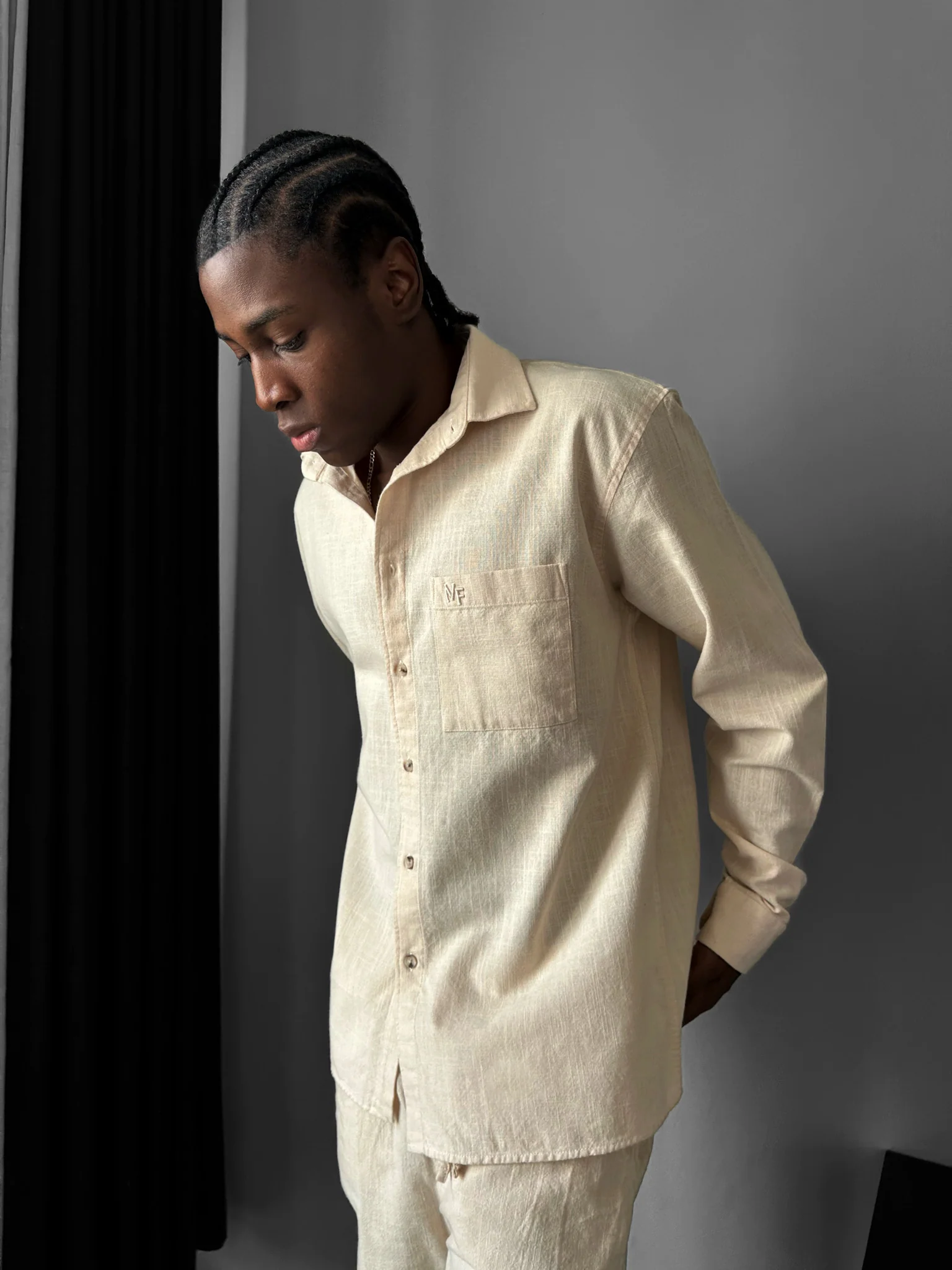 Oversize Linen Look Suit Shirt - Beige - Image 4