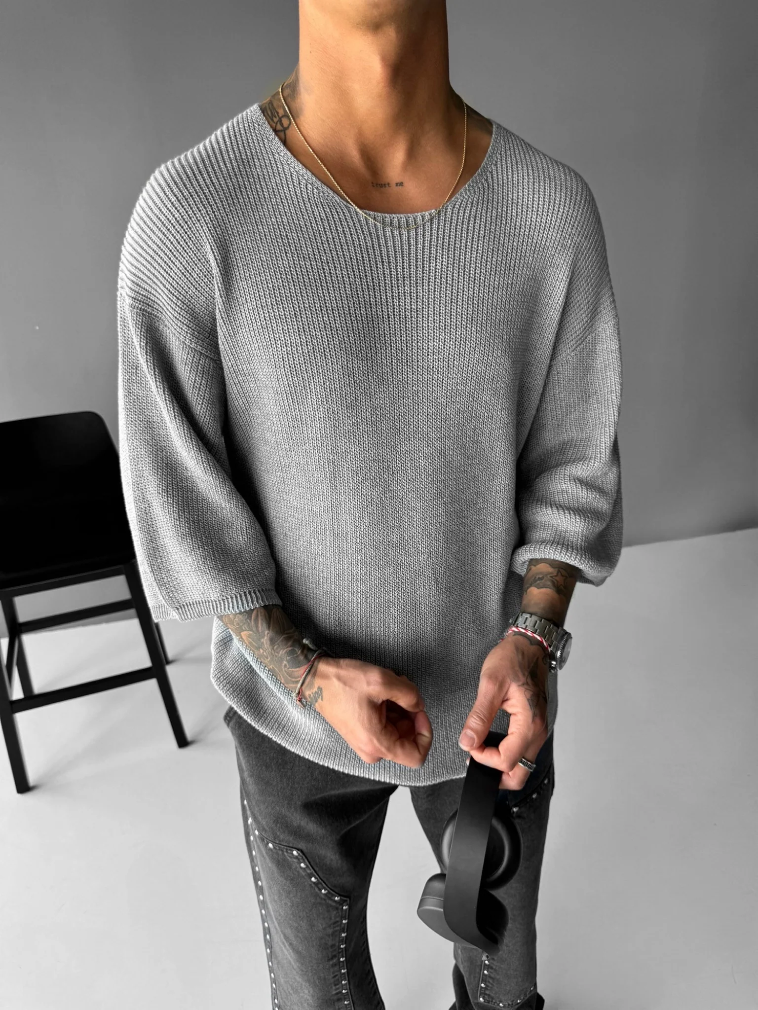 Oversize Long Knit T-Shirt- Grey - Image 4