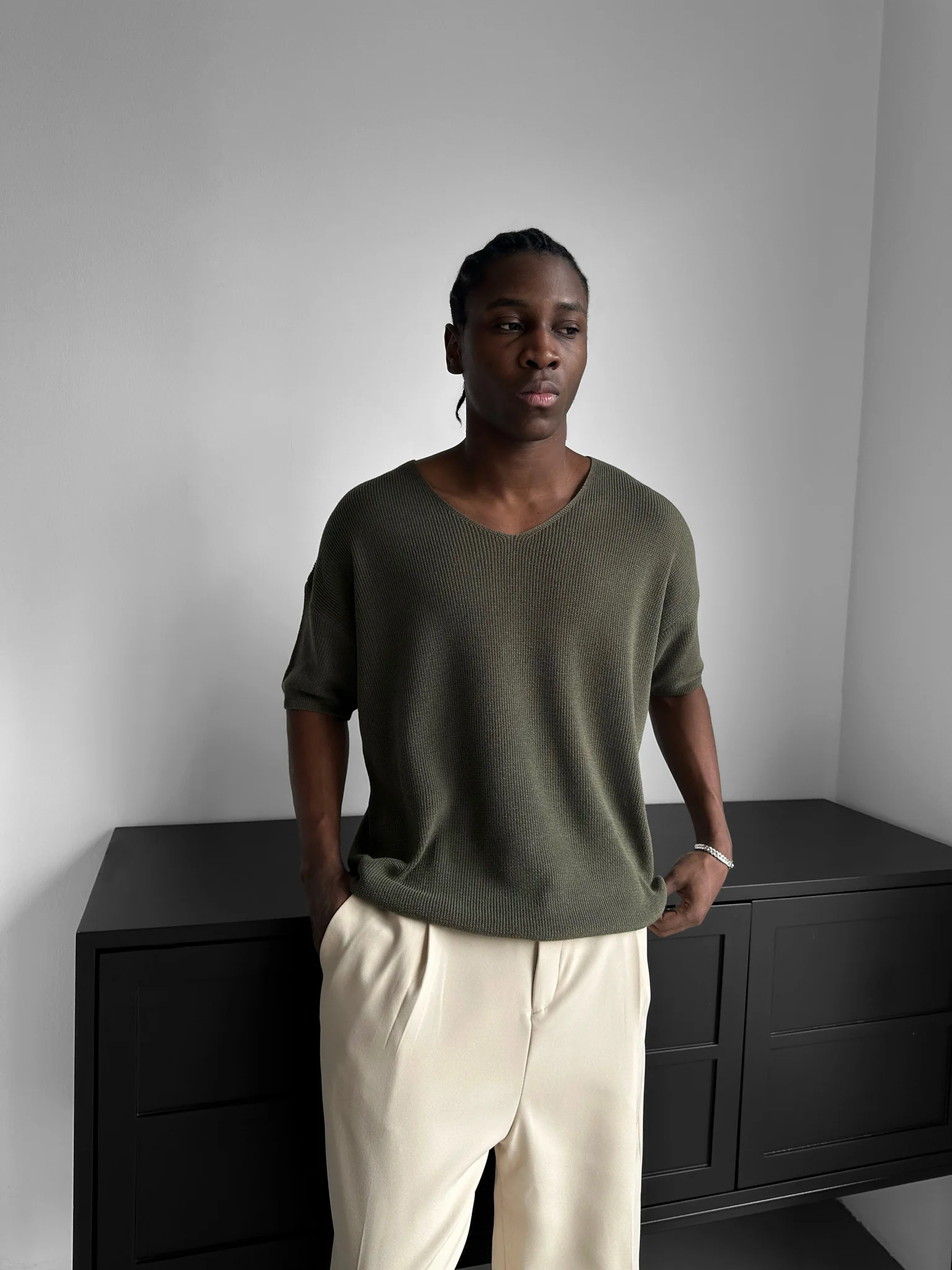 Oversize Long Knit T-Shirt - Khaki - Image 2