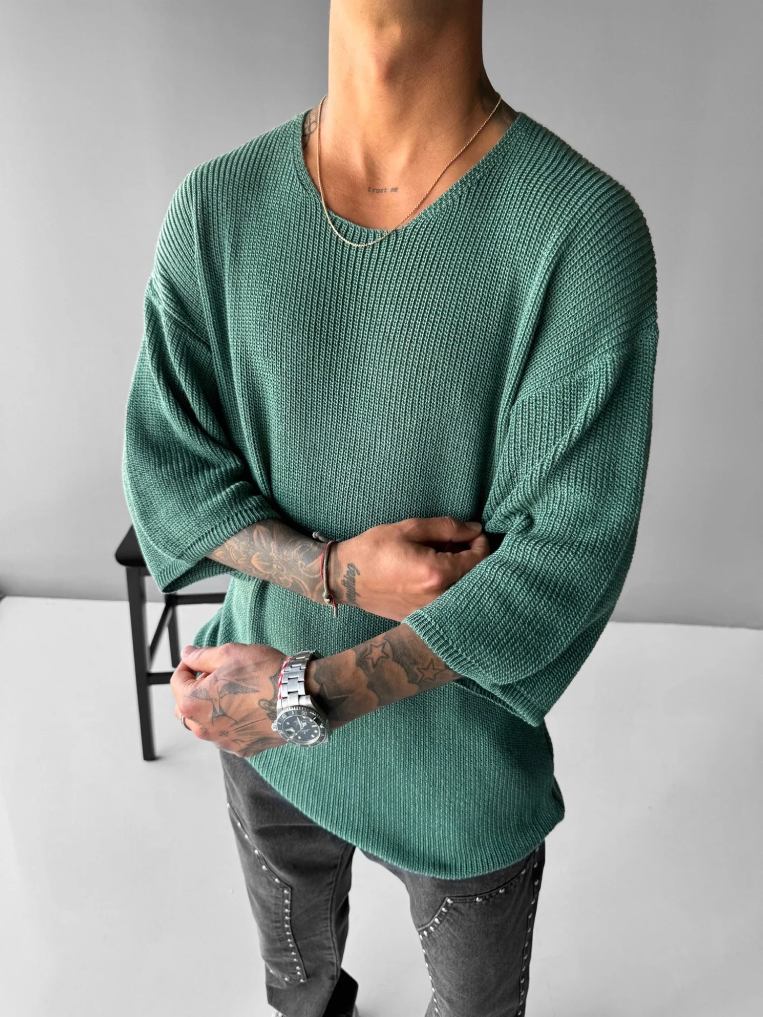 Oversize Long Knit T-Shirt - Petrol - Image 4