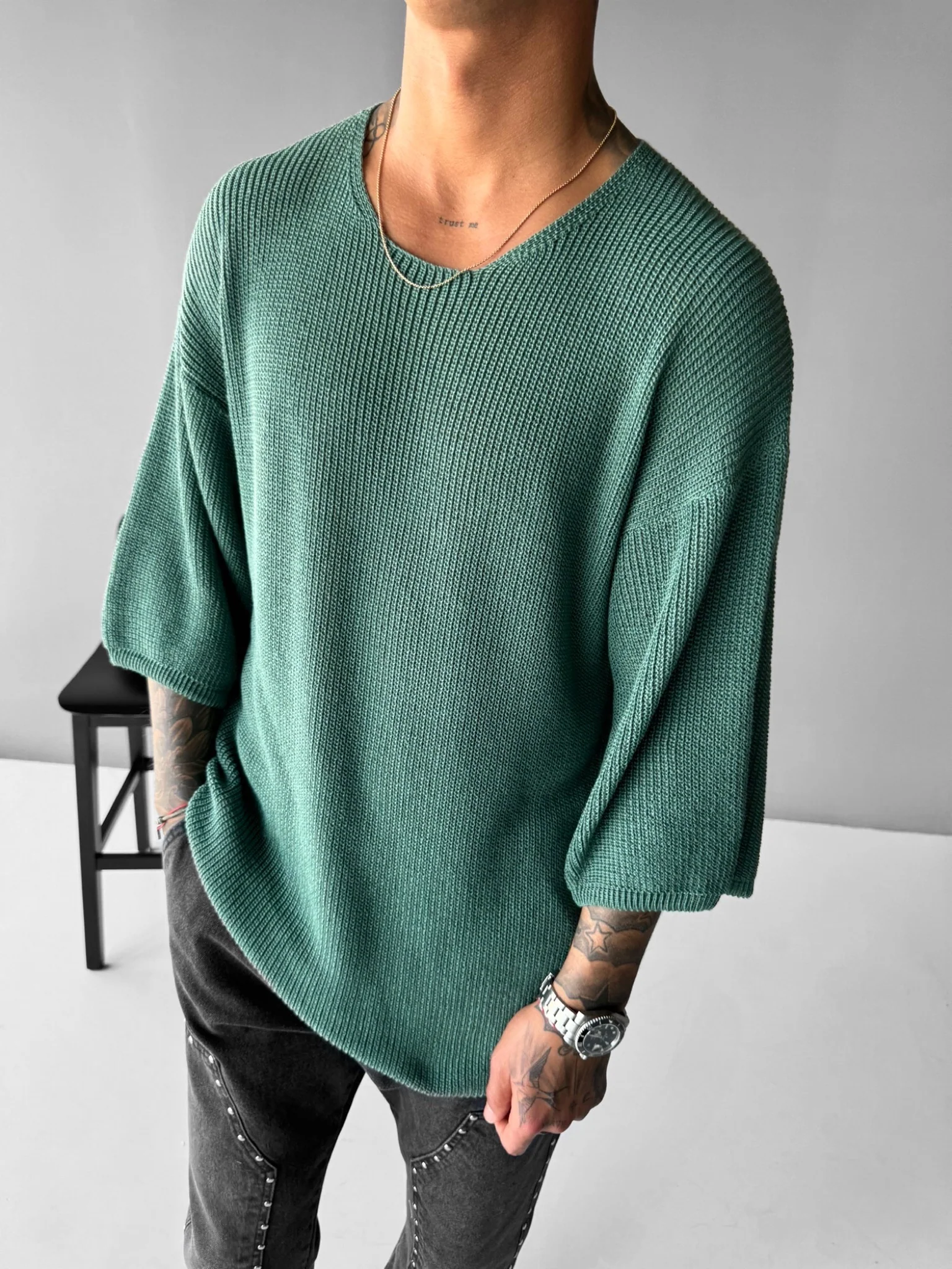 Oversize Long Knit T-Shirt - Petrol - Image 5