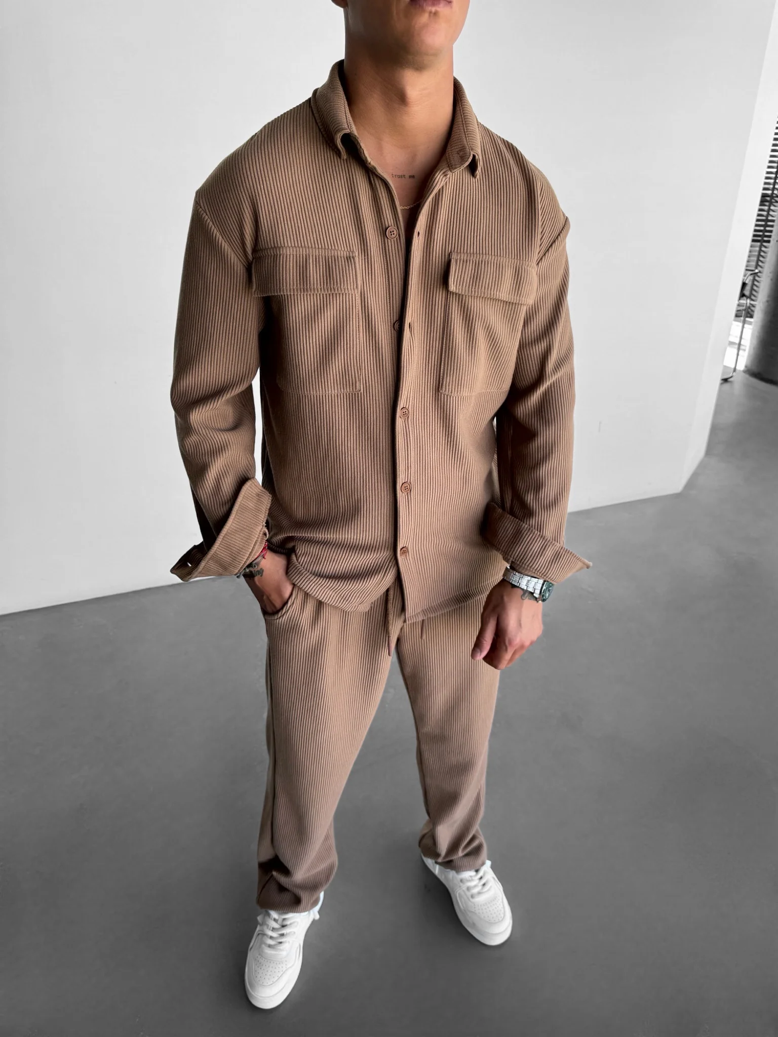 Oversize Pocket Cord Shirt - Camel - Image 3