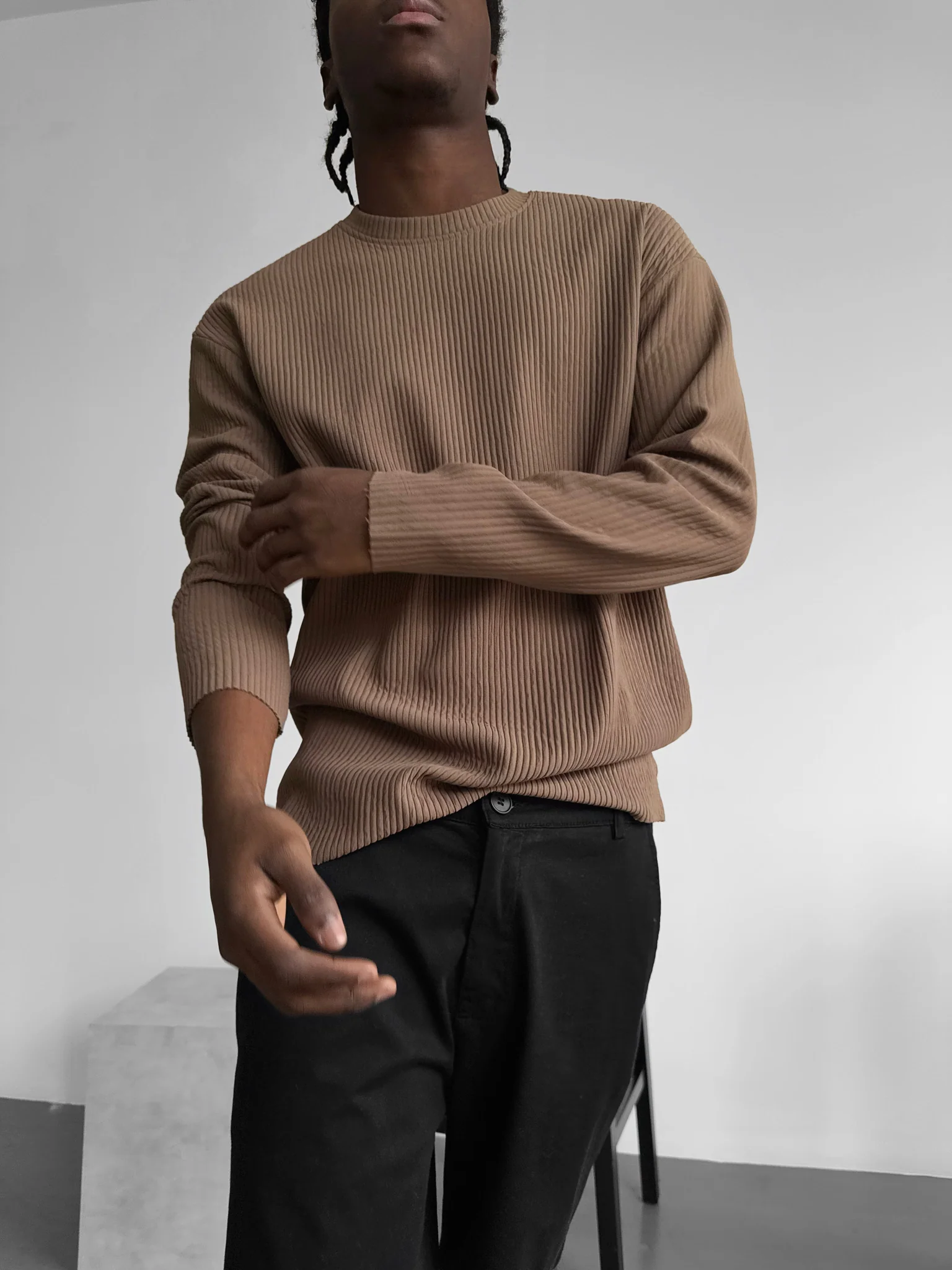 Oversize Ribbed Long Arm T-shirt - Brown - Image 2