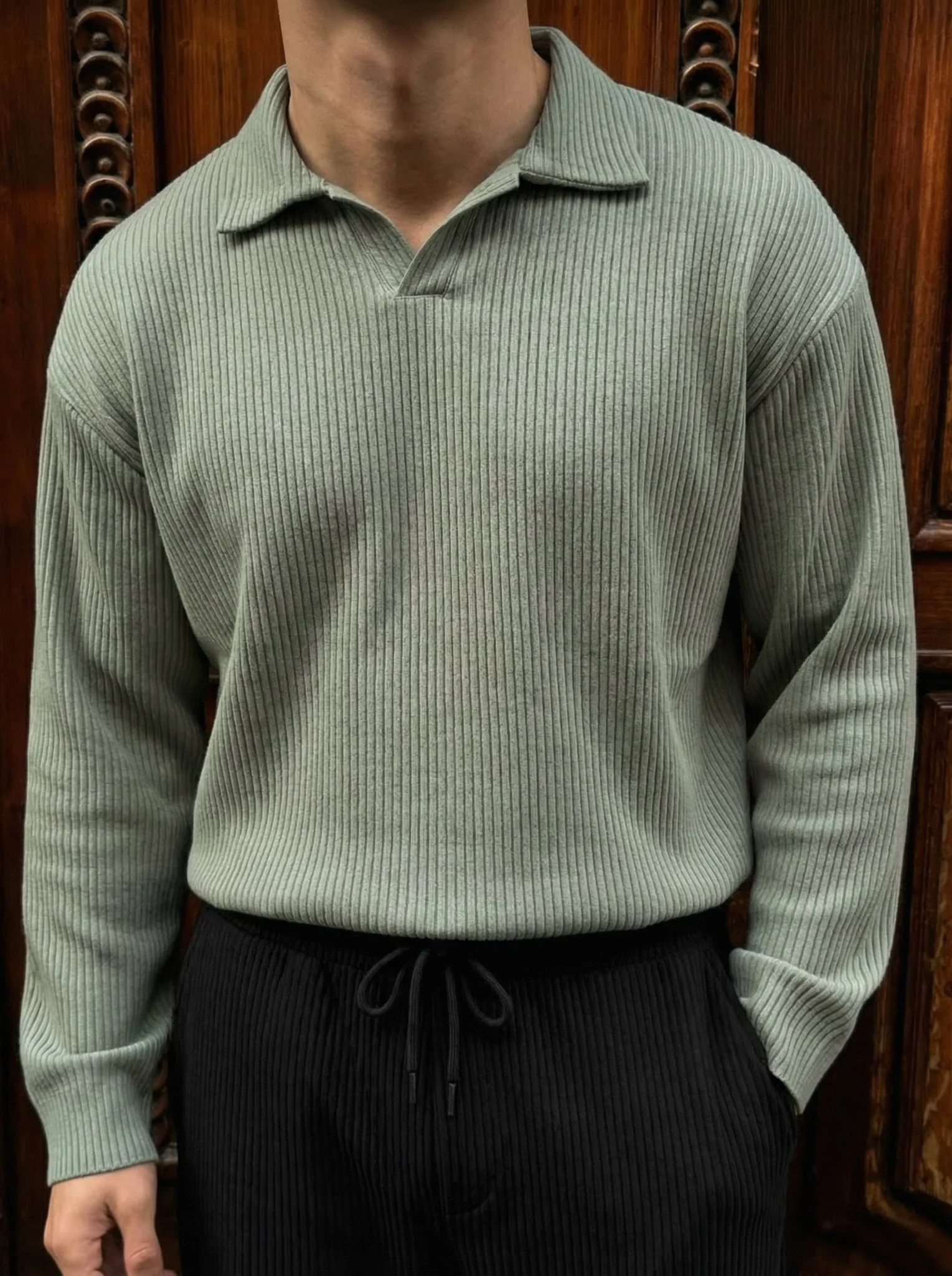 Oversize Ribbed Long Arm Polo T-shirt - Green