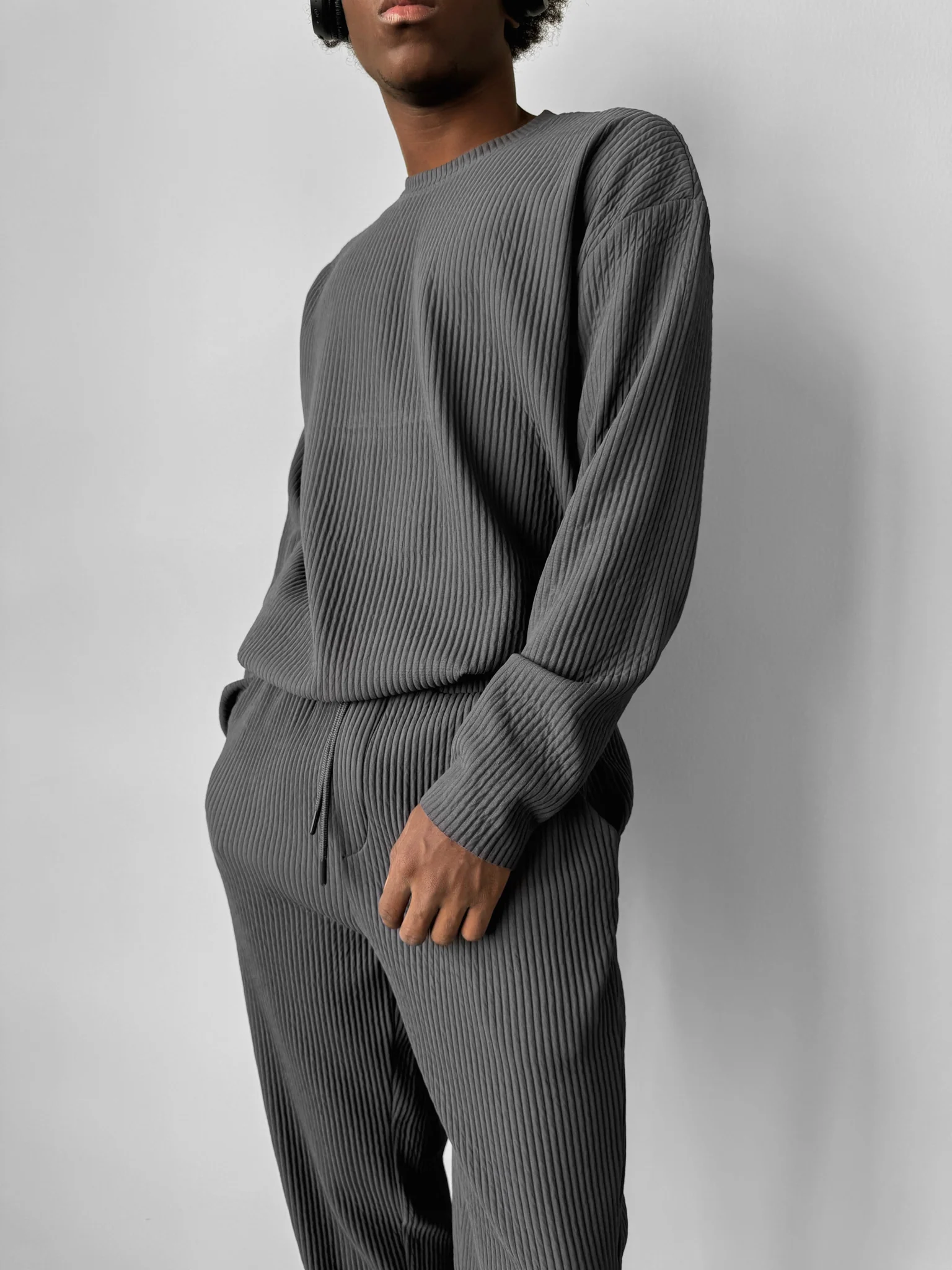 Oversize Ribbed Long Arm T-shirt - Anthracite - Image 2