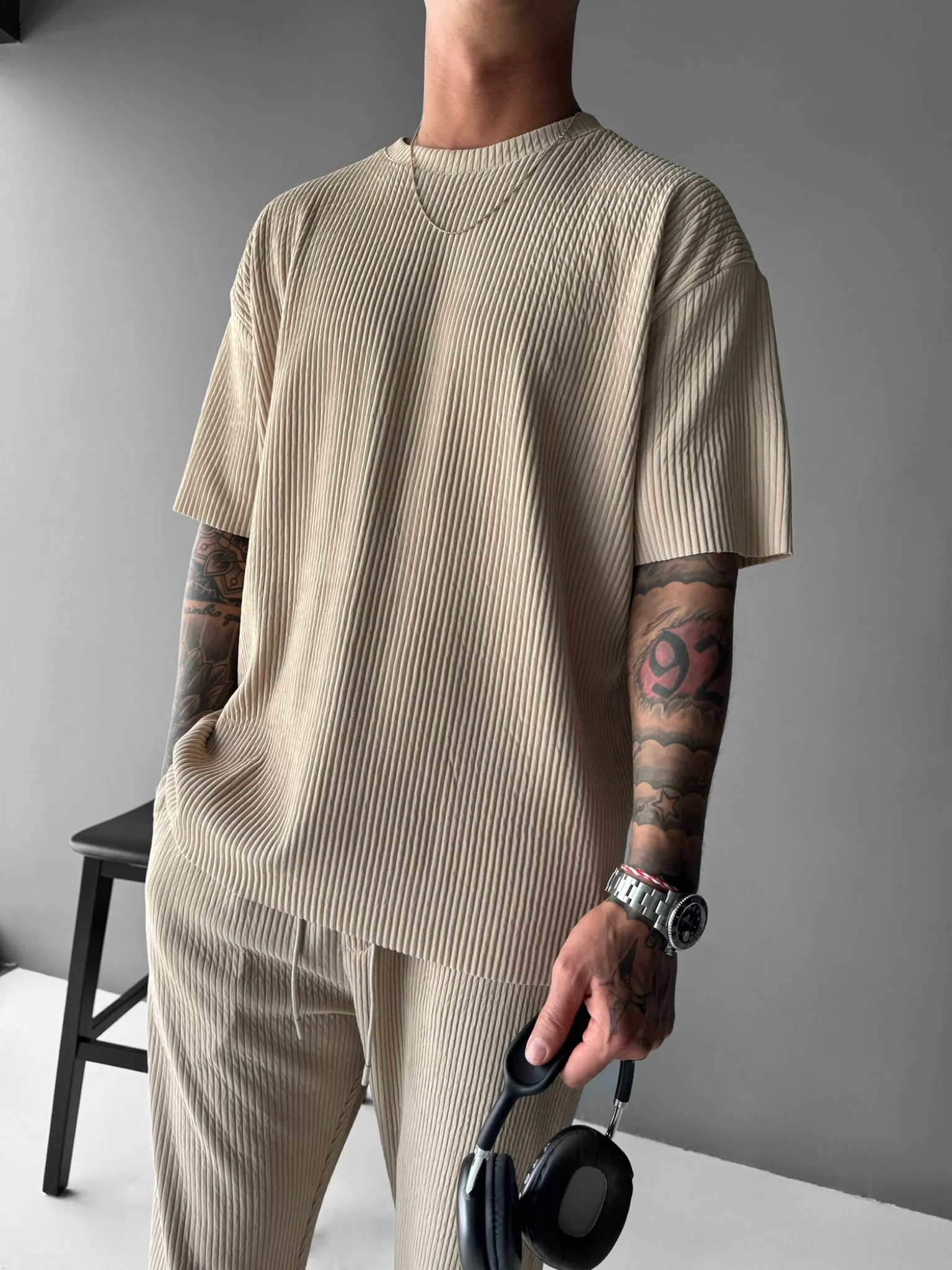 Oversize Ribbed T-Shirt - Beige - Image 4