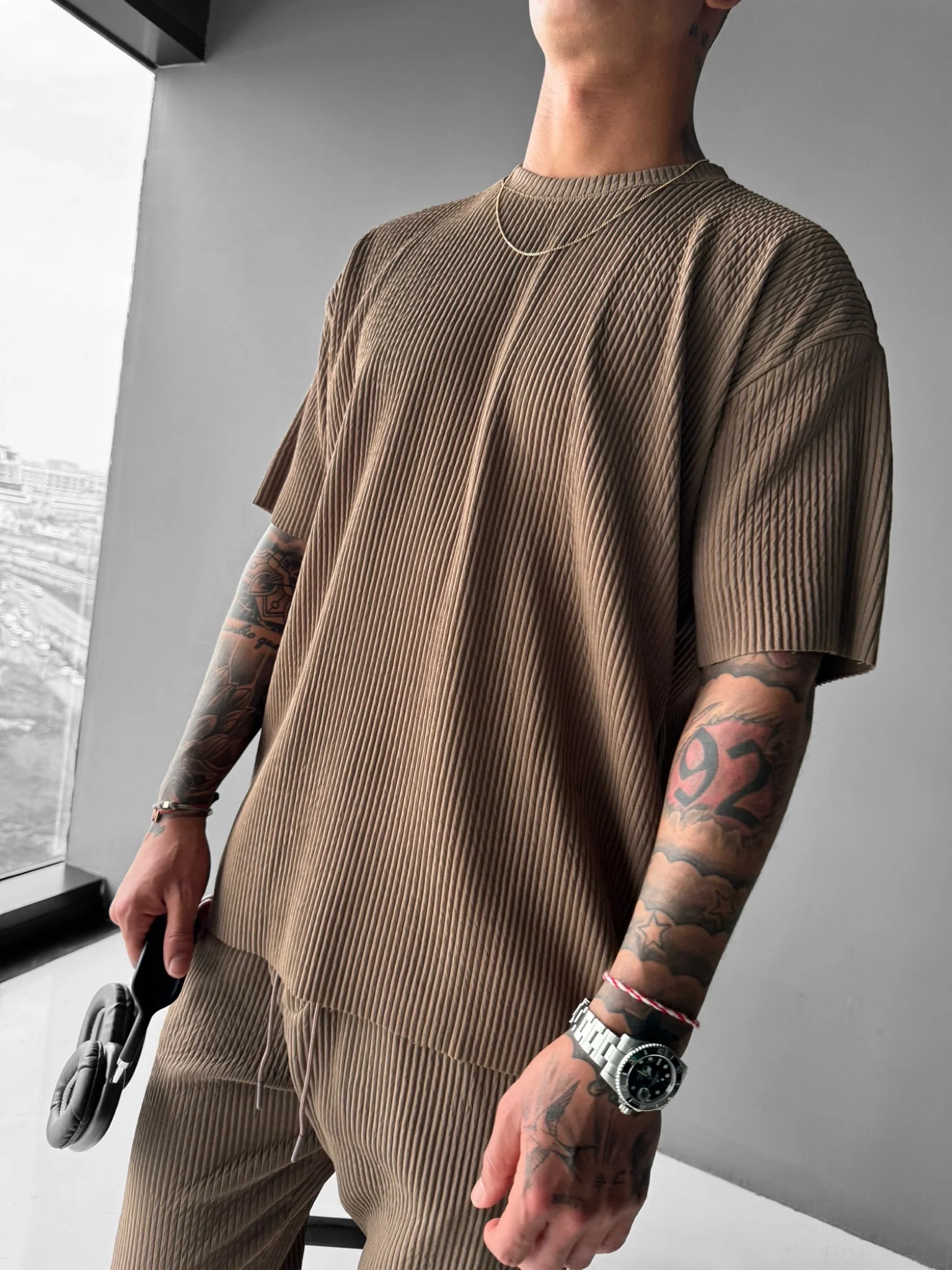 Oversize Ribbed T-Shirt - Brown