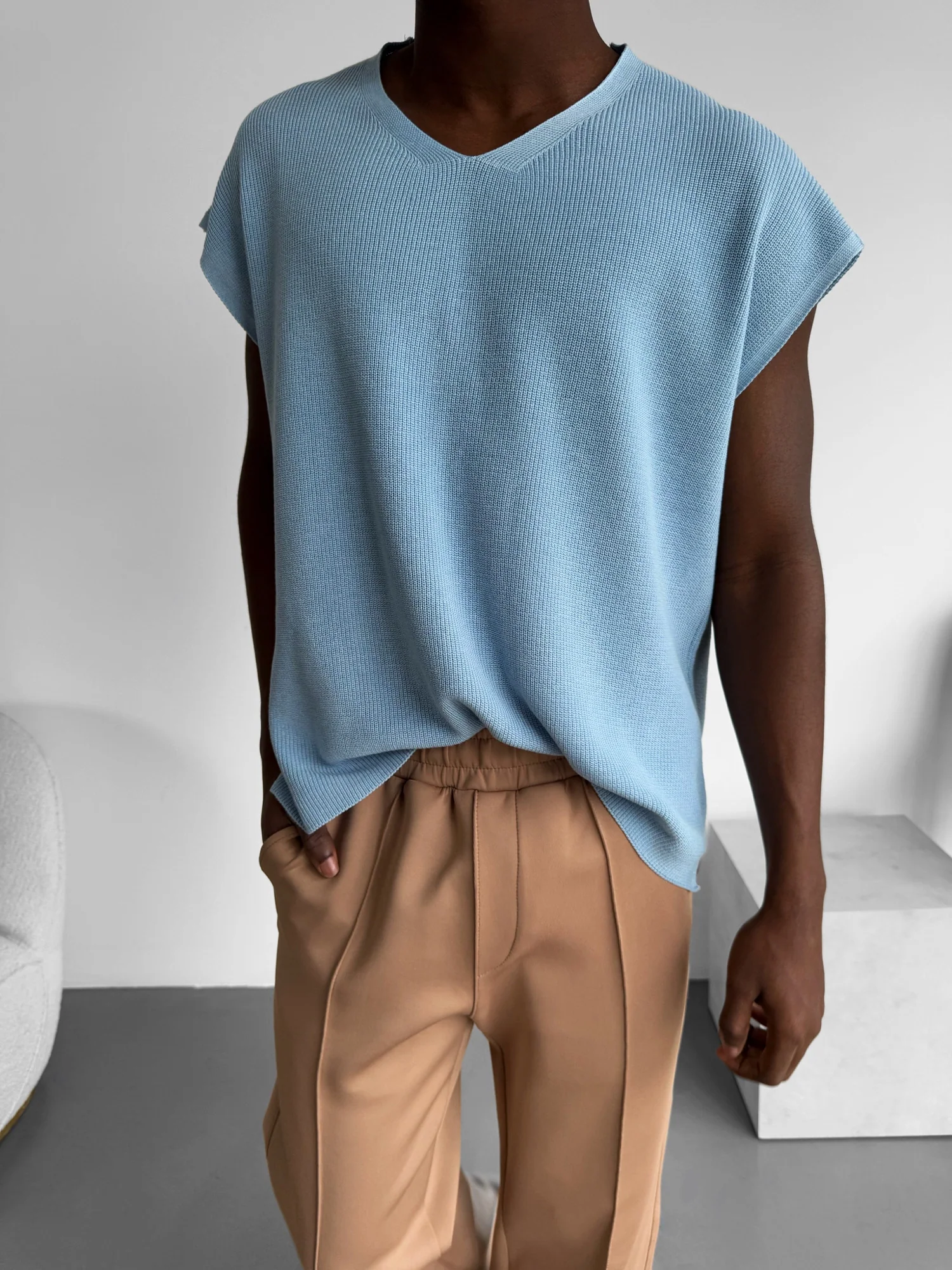 Oversize rolled Edge Knit Tanktop - Babyblue - Image 3