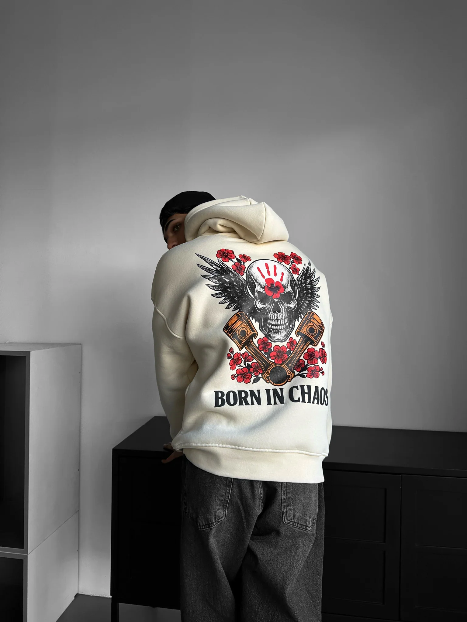 Oversize Skeleton Born in Chaos Hoodie - Antique White - Image 2