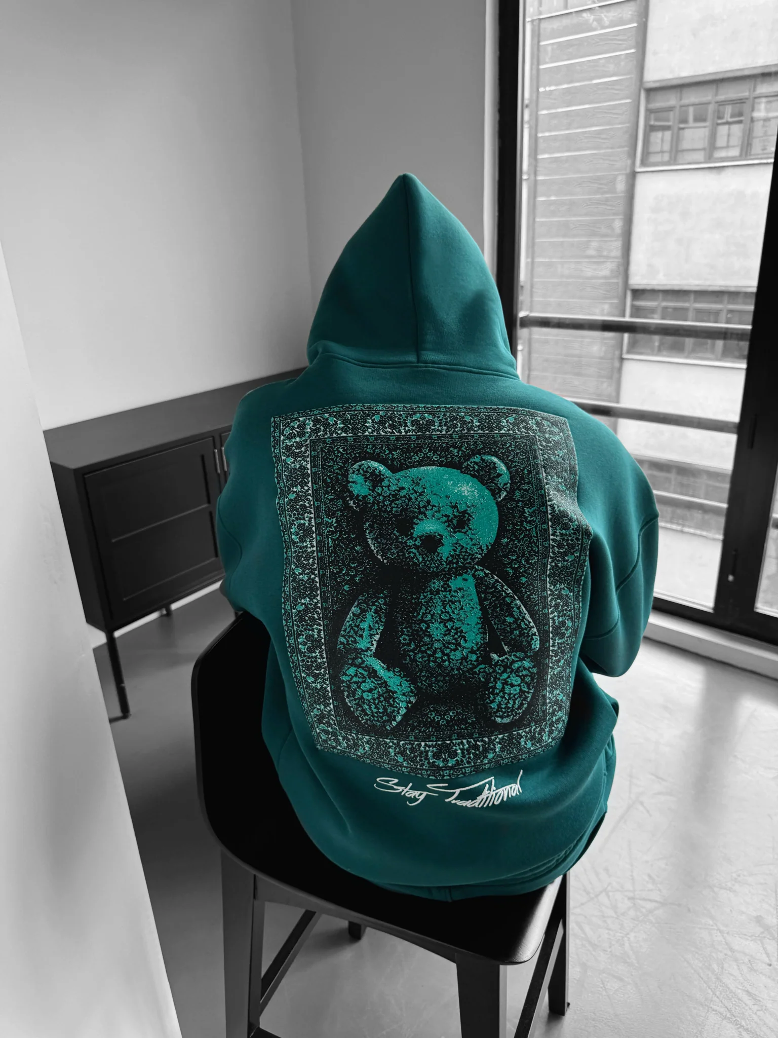 Oversize 'Stay Traditional' Hoodie - Sea Moss - Image 3