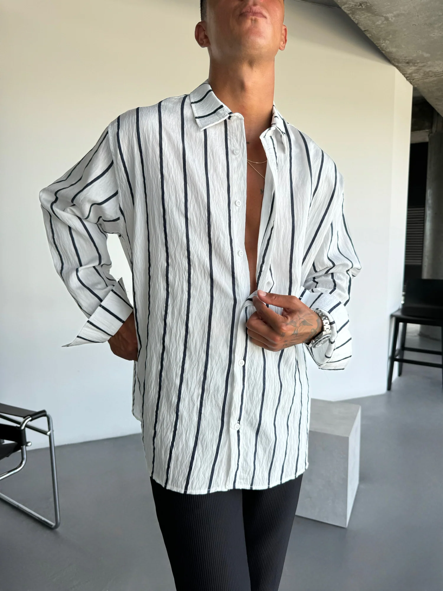 Oversize Striped Long Sleeve Shirt - White and Black - Image 4