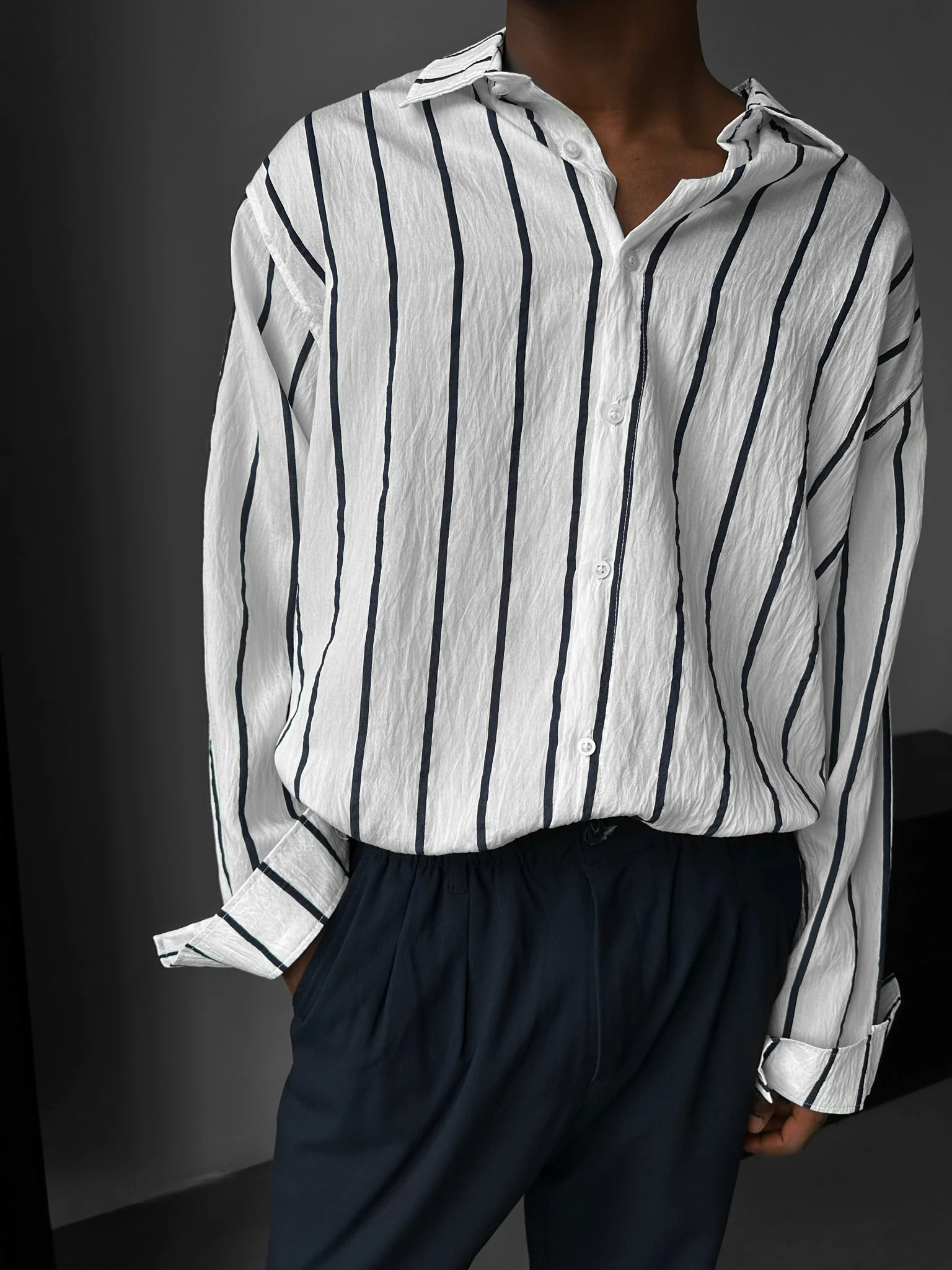 Oversize Striped Long Sleeve Shirt - White and Saks - Image 3