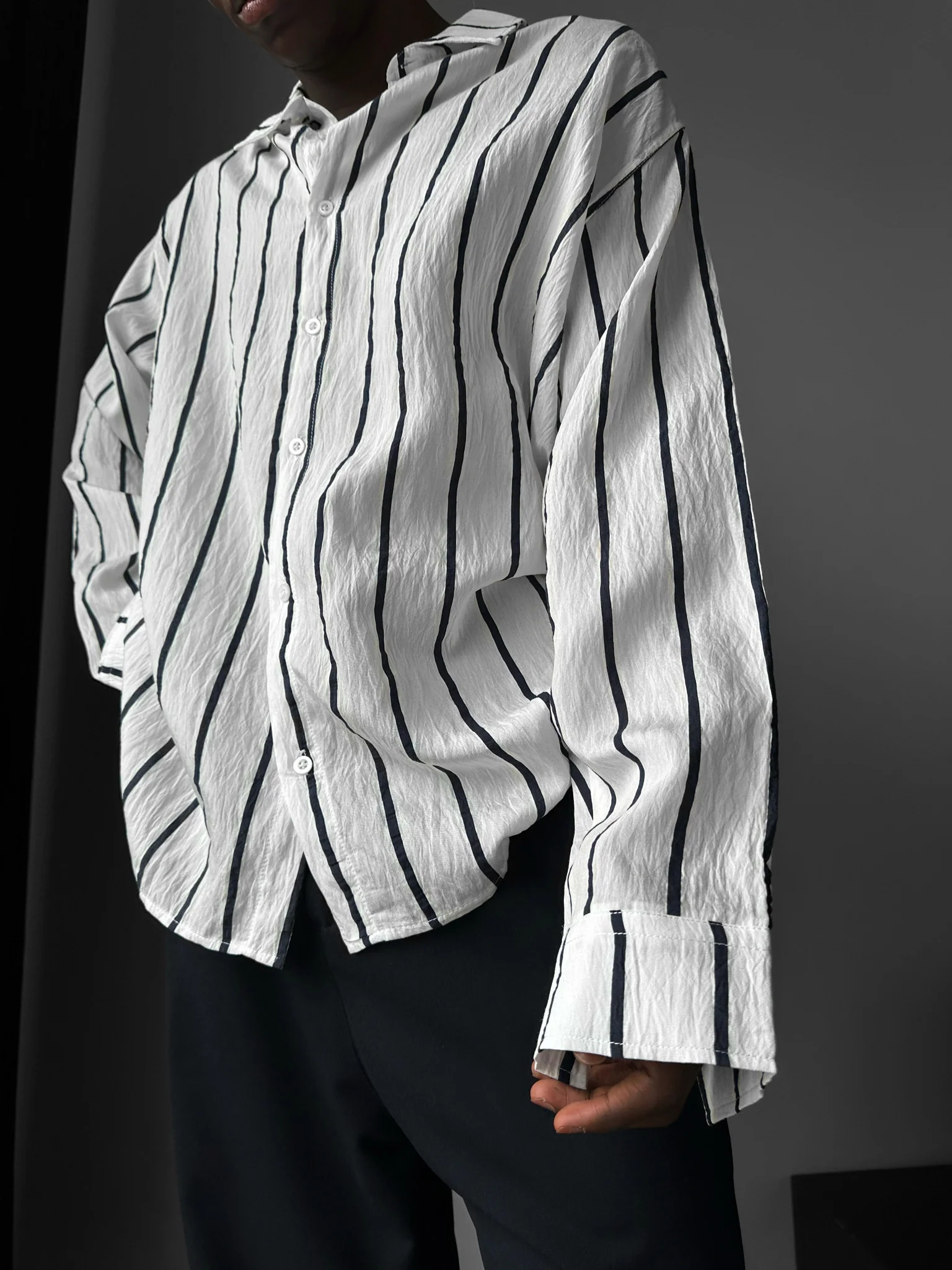 Oversize Striped Long Sleeve Shirt - White and Saks - Image 6