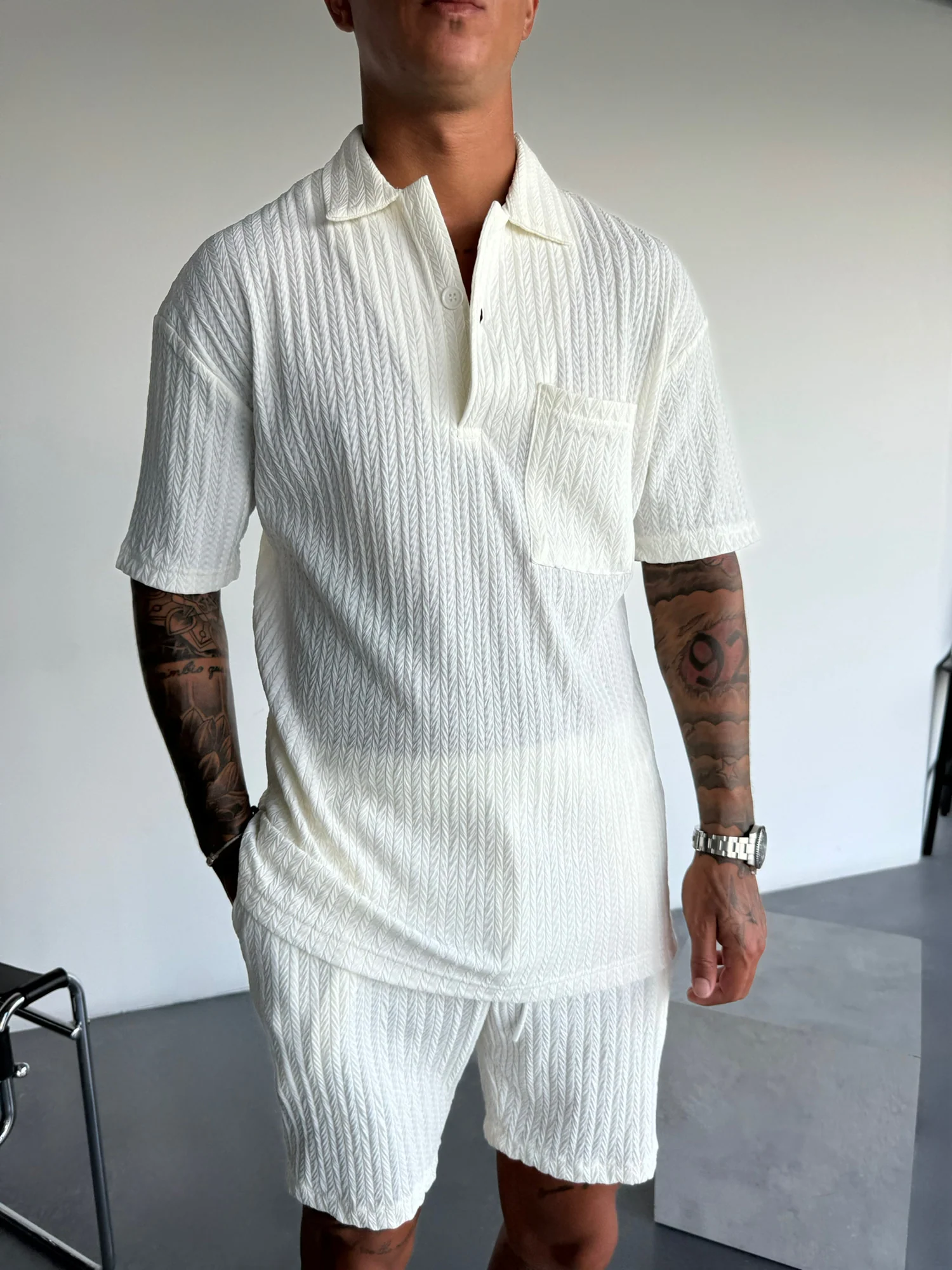 Oversize Structured Polo T-Shirt - Ecru - Image 6