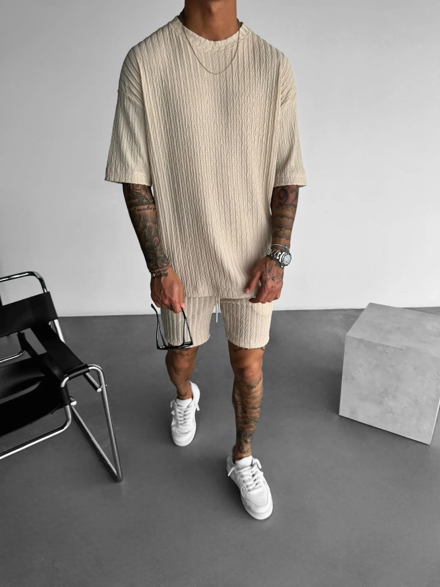 Oversize Structured T-Shirt - Beige - Image 3