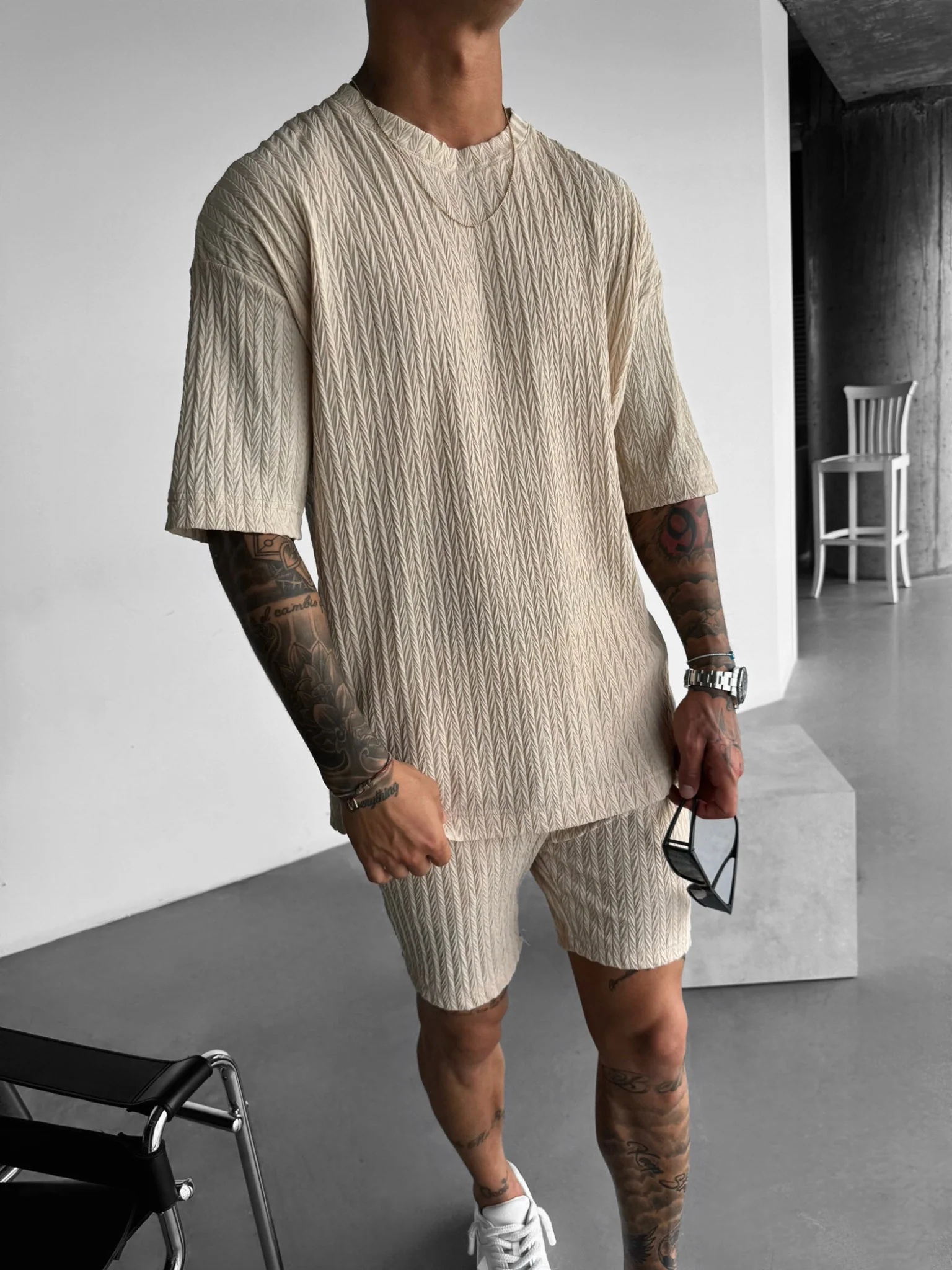 Oversize Structured T-Shirt - Beige - Image 4