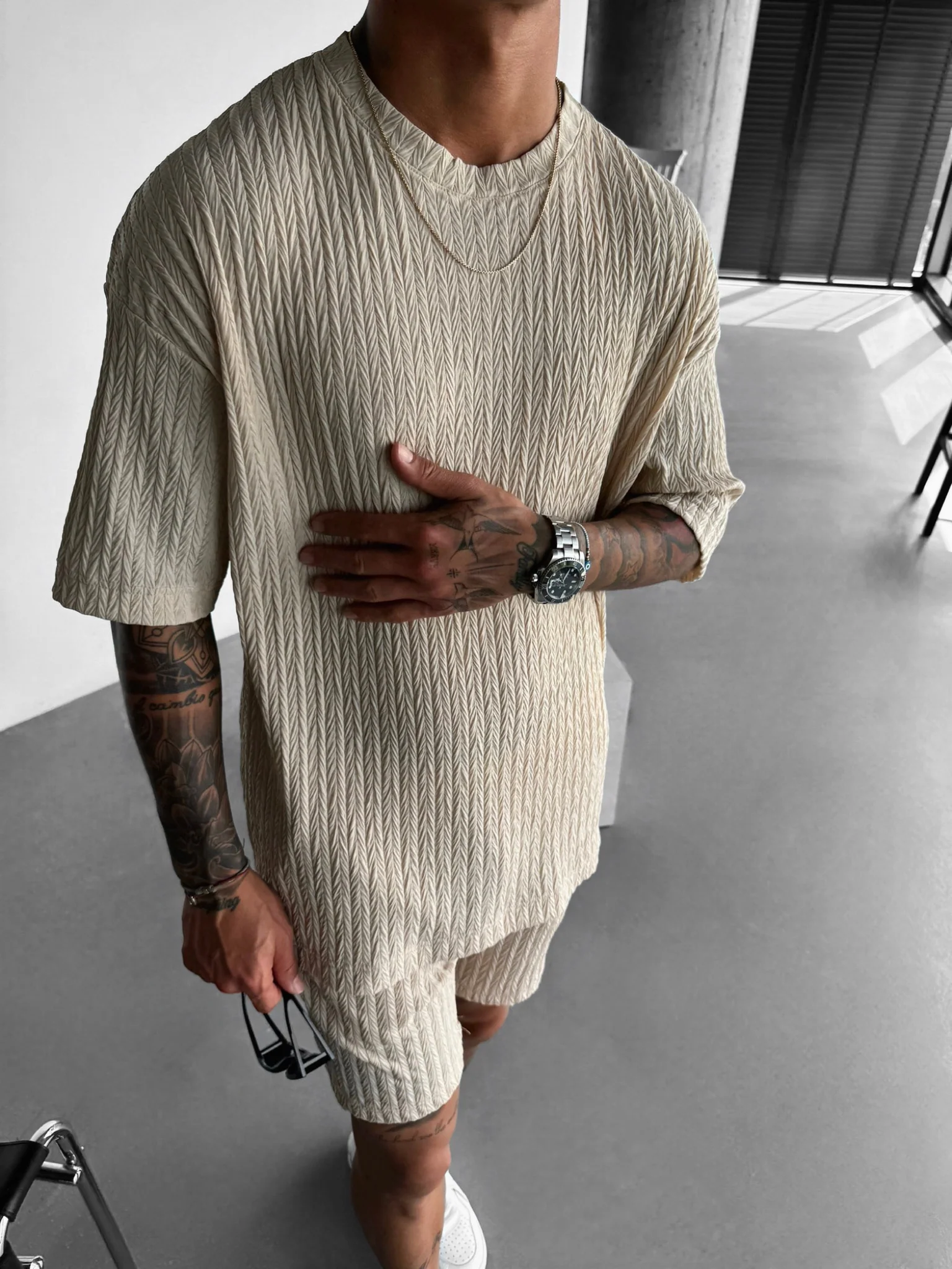 Oversize Structured T-Shirt - Beige - Image 5