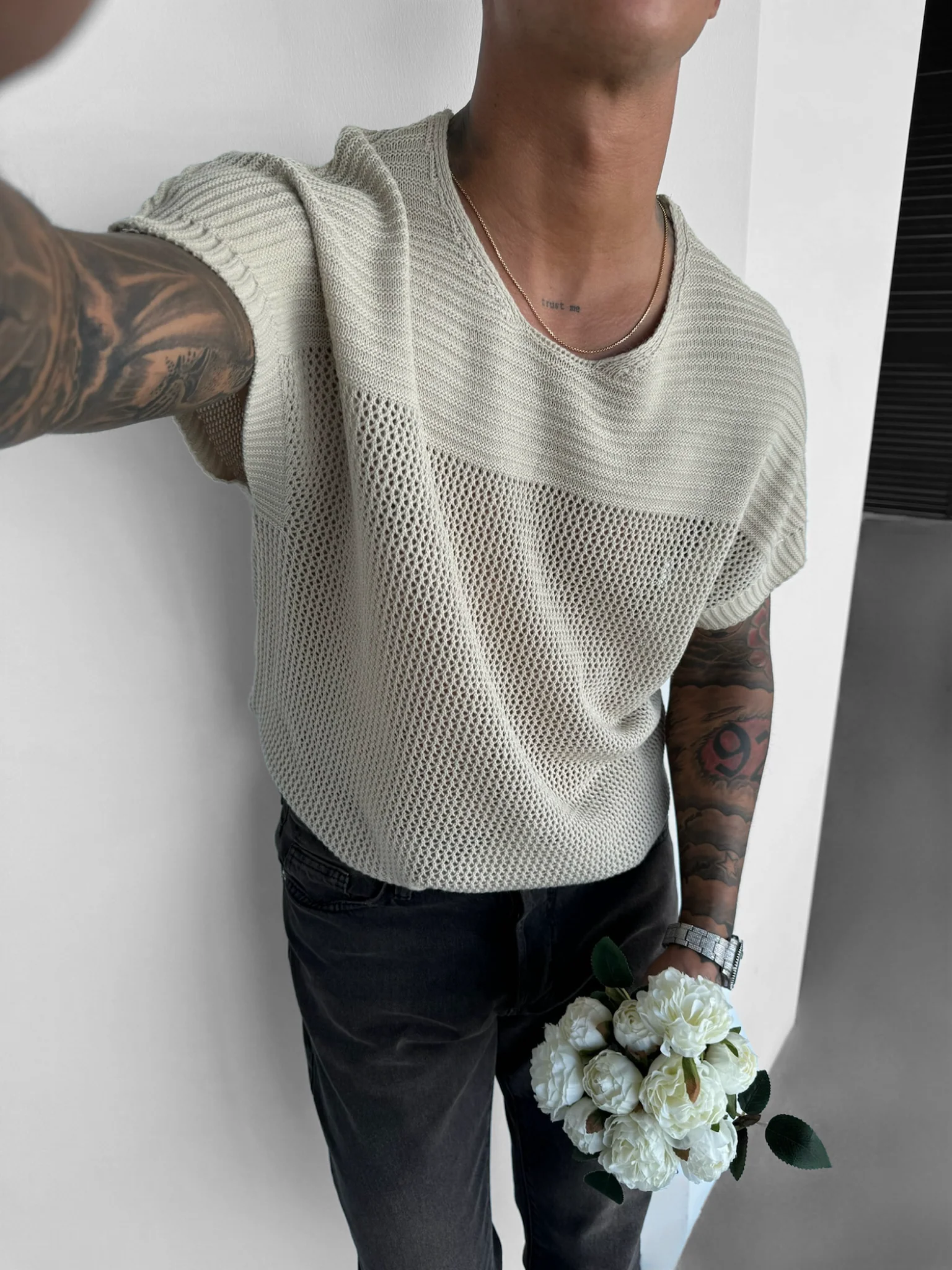 Oversize Textured Knit T-shirt - Creme