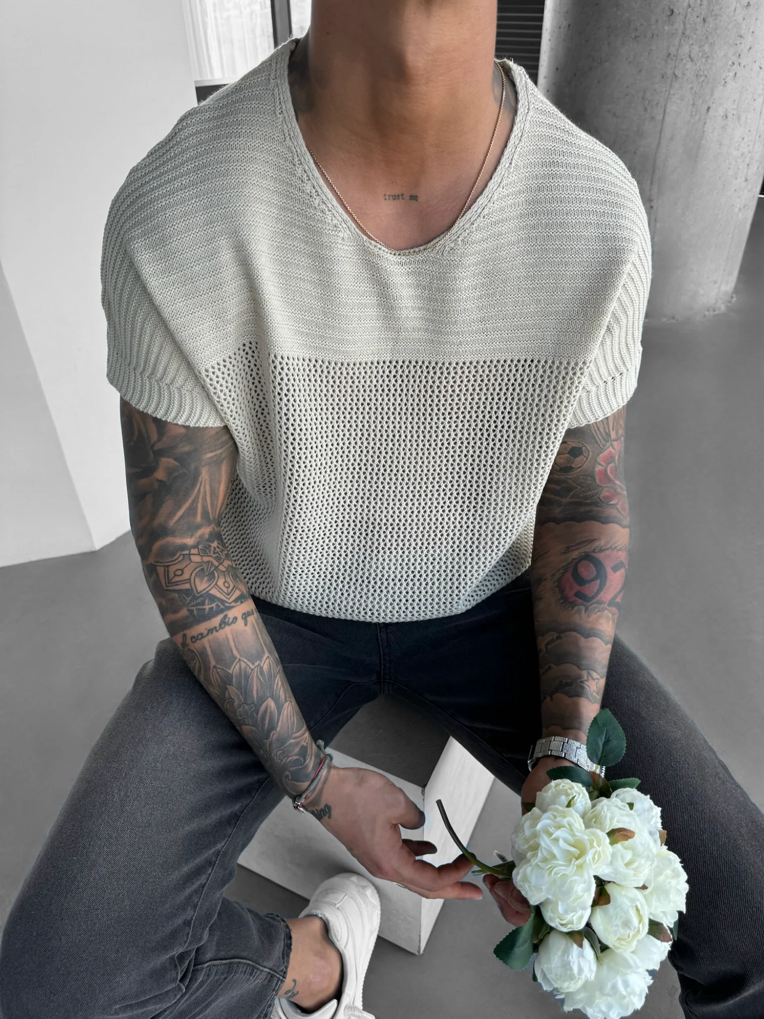 Oversize Textured Knit T-shirt - Creme - Image 2