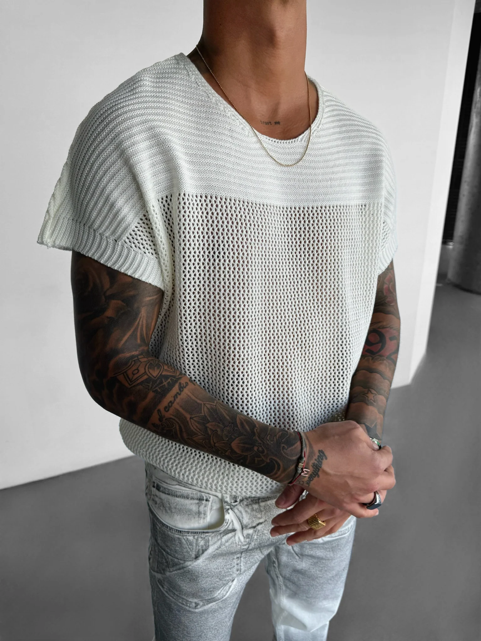 Oversize Textured Knit T-shirt - Ecru