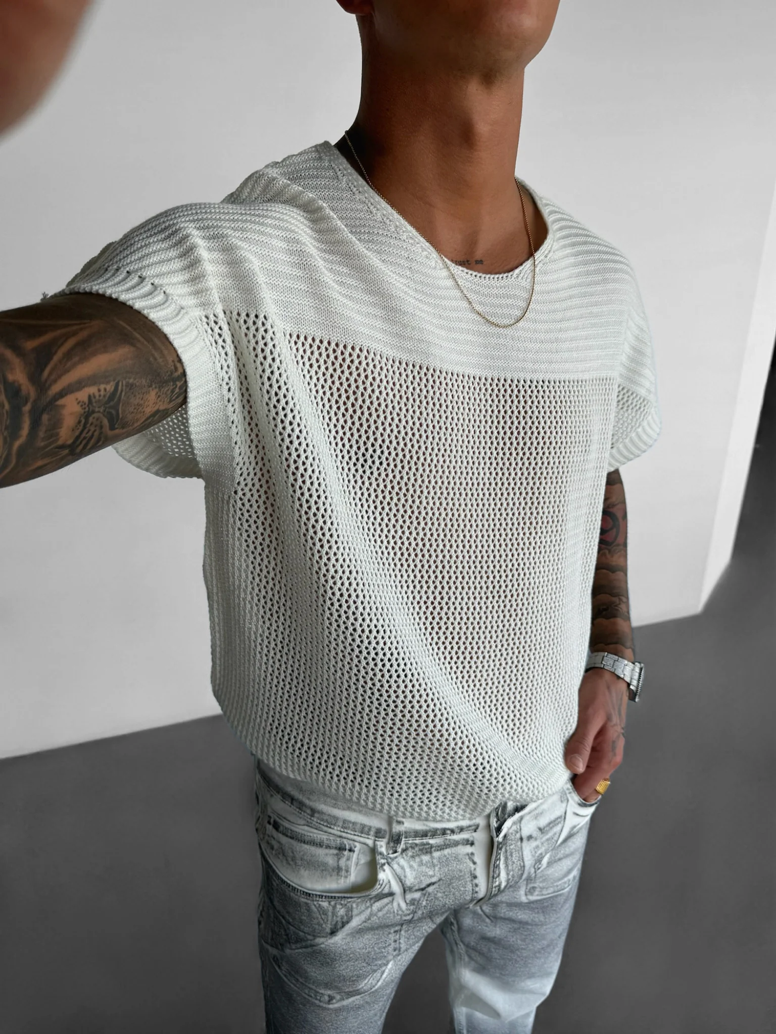 Oversize Textured Knit T-shirt - Ecru - Image 2