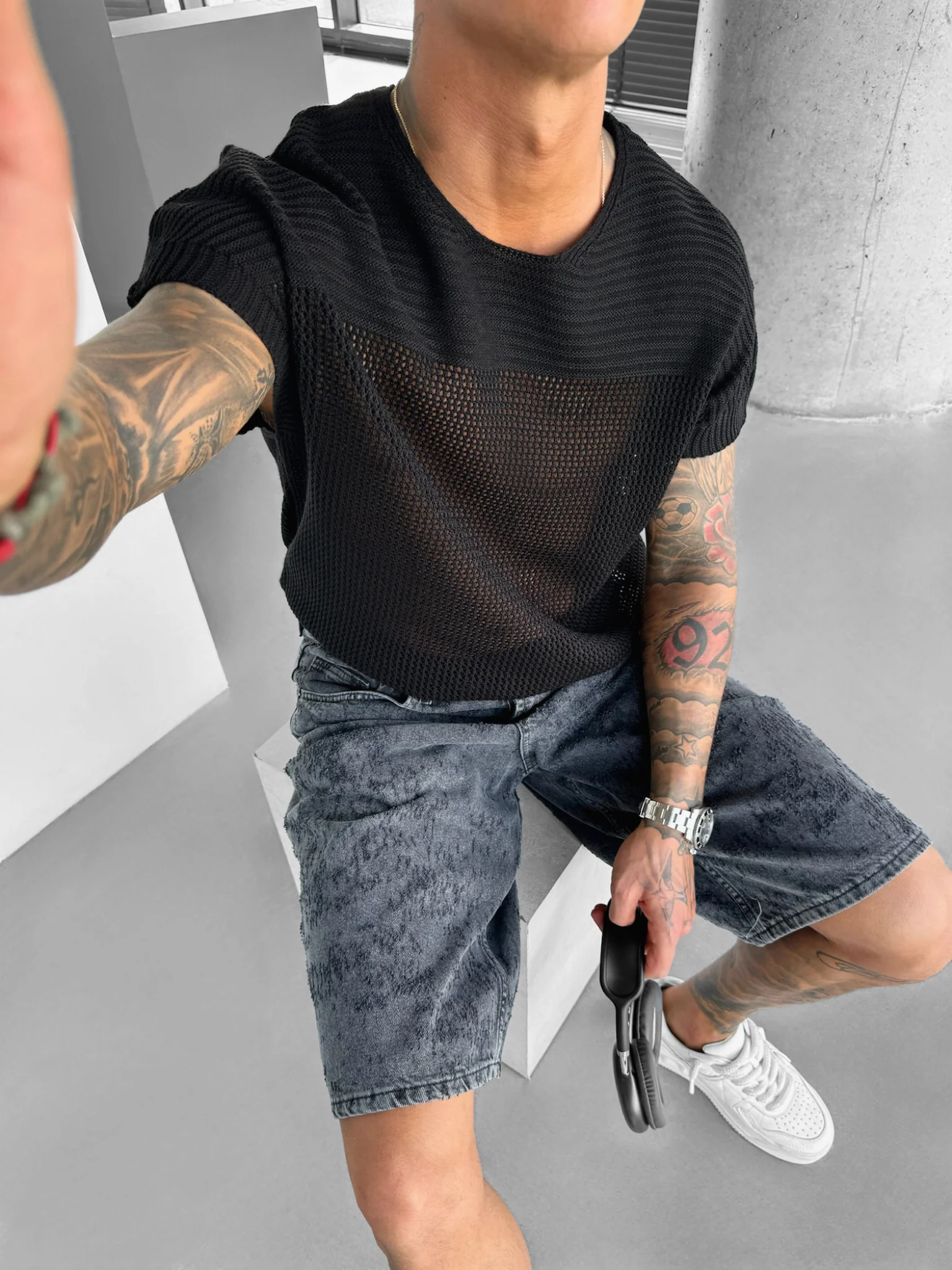 Oversize Textured Knit T-shirt - Jet Black
