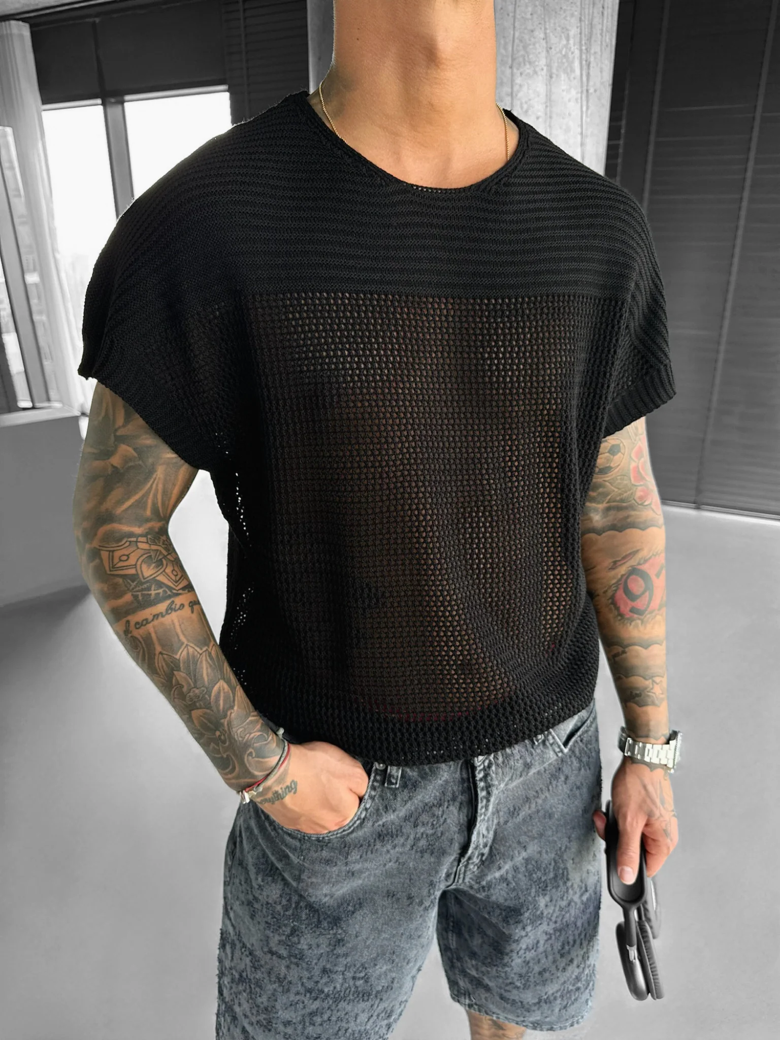 Oversize Textured Knit T-shirt - Jet Black - Image 3