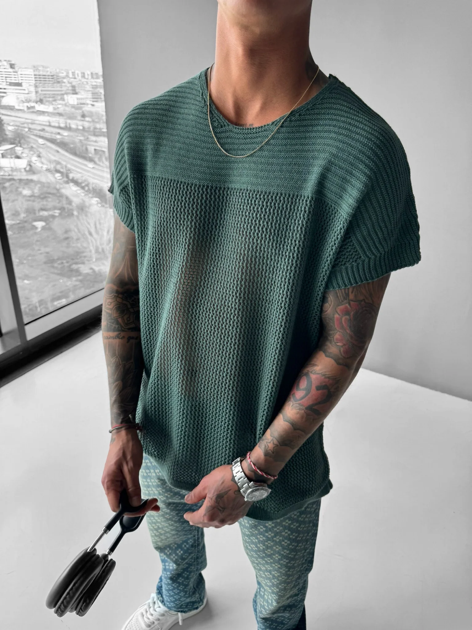 Oversize Textured Knit T-shirt - Petrol