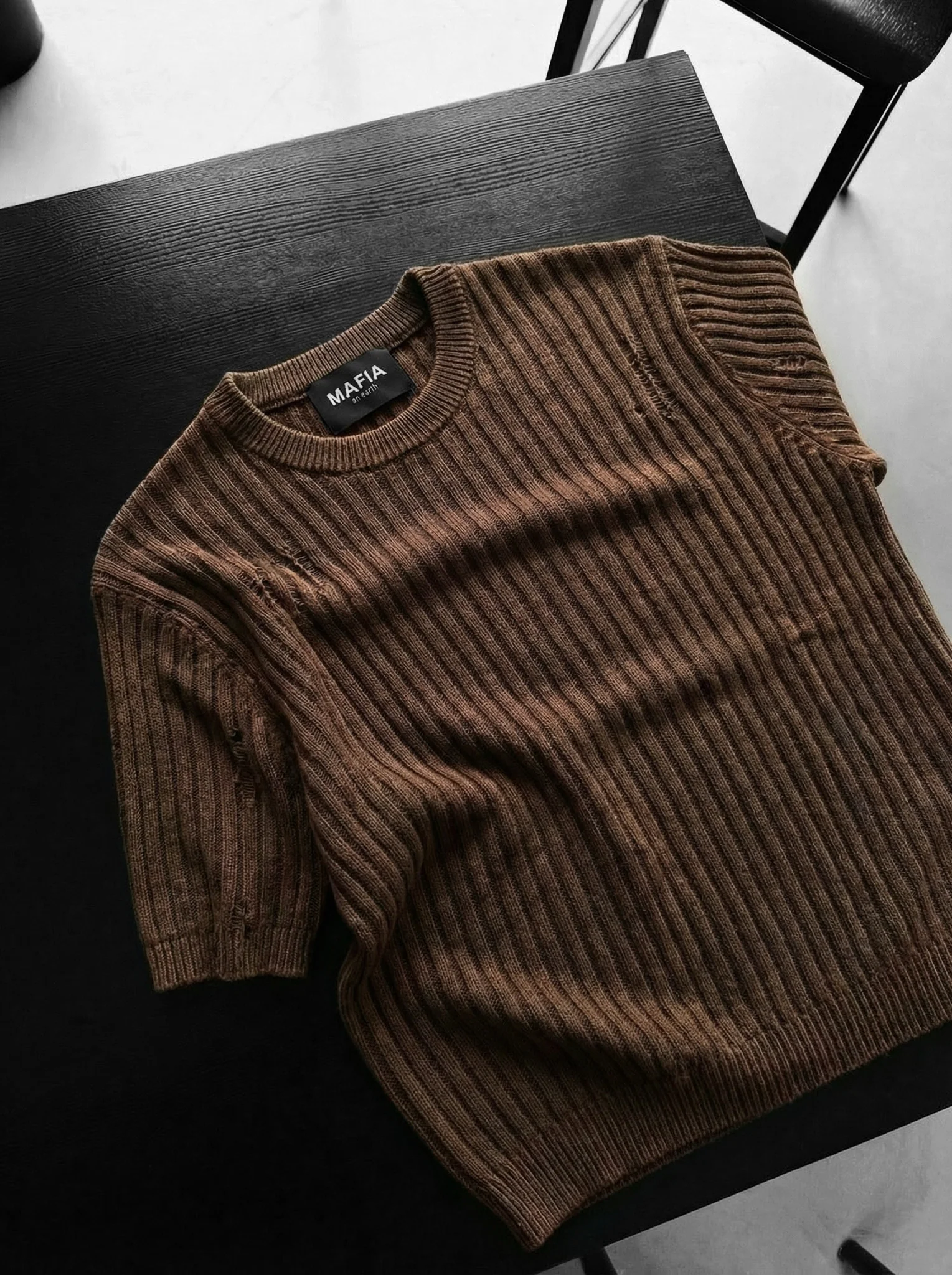 Oversize Torn Washed Knit T-shirt - Brown