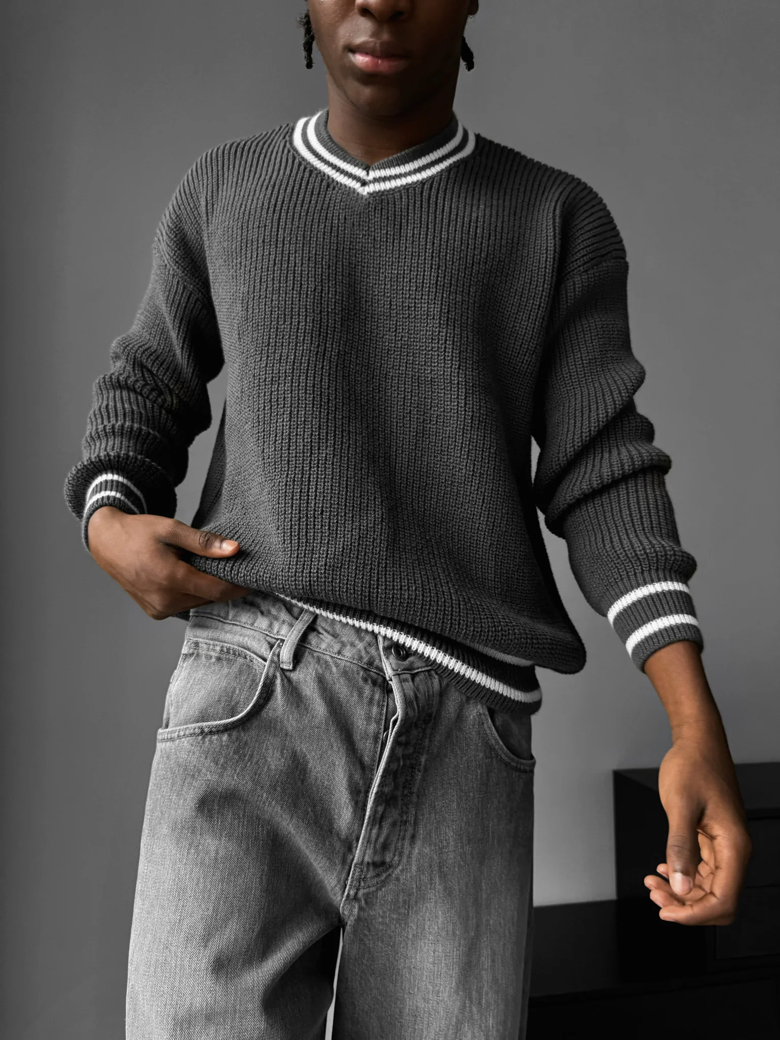 Oversize V Neckline Knit Pullover  - Anthracite
