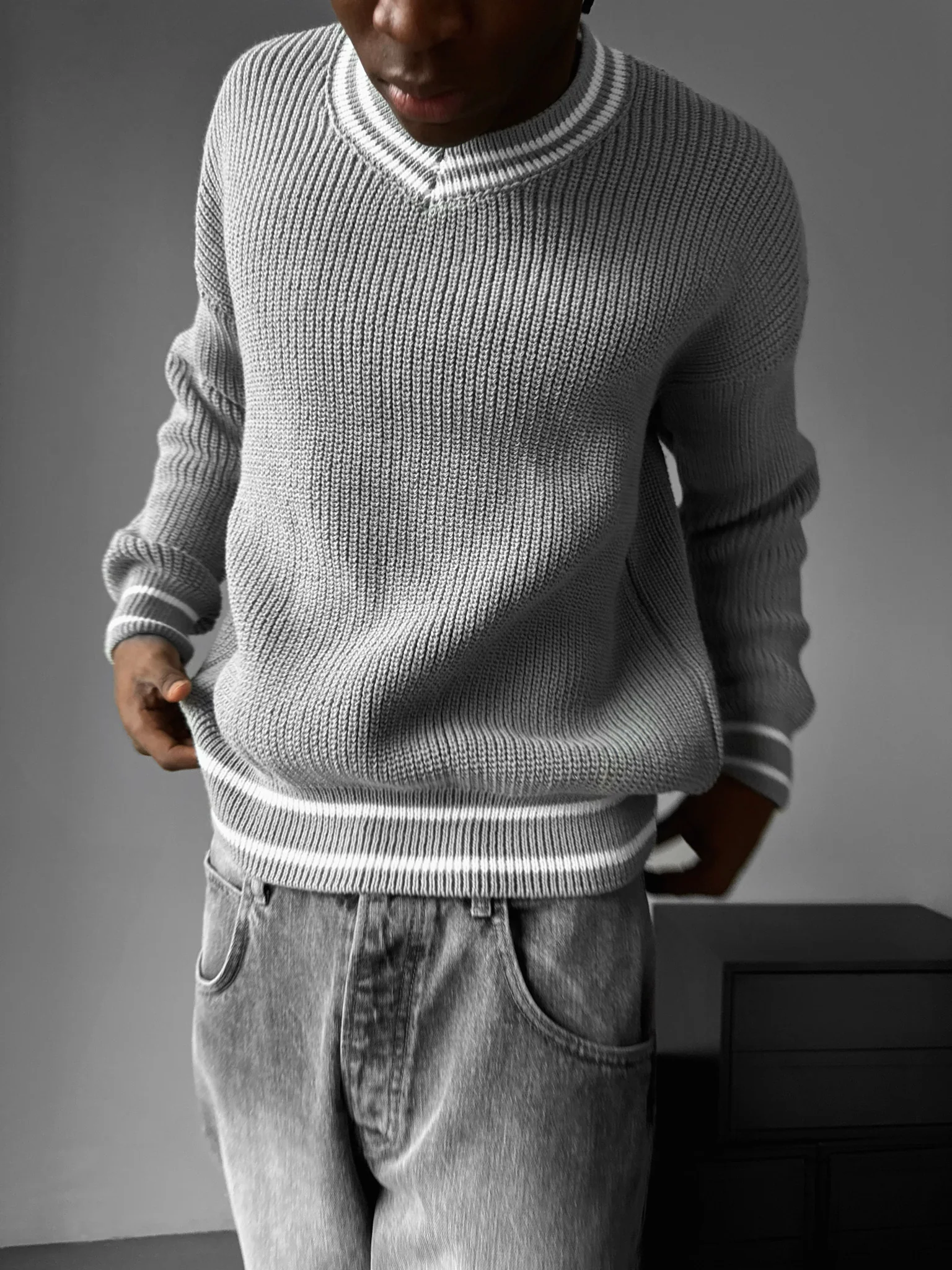 Oversize V Neckline Knit Pullover  - Grey