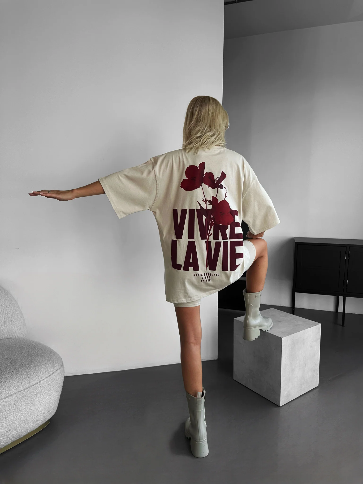 Oversize Vivre la Vie T-shirt - Beige - Image 3