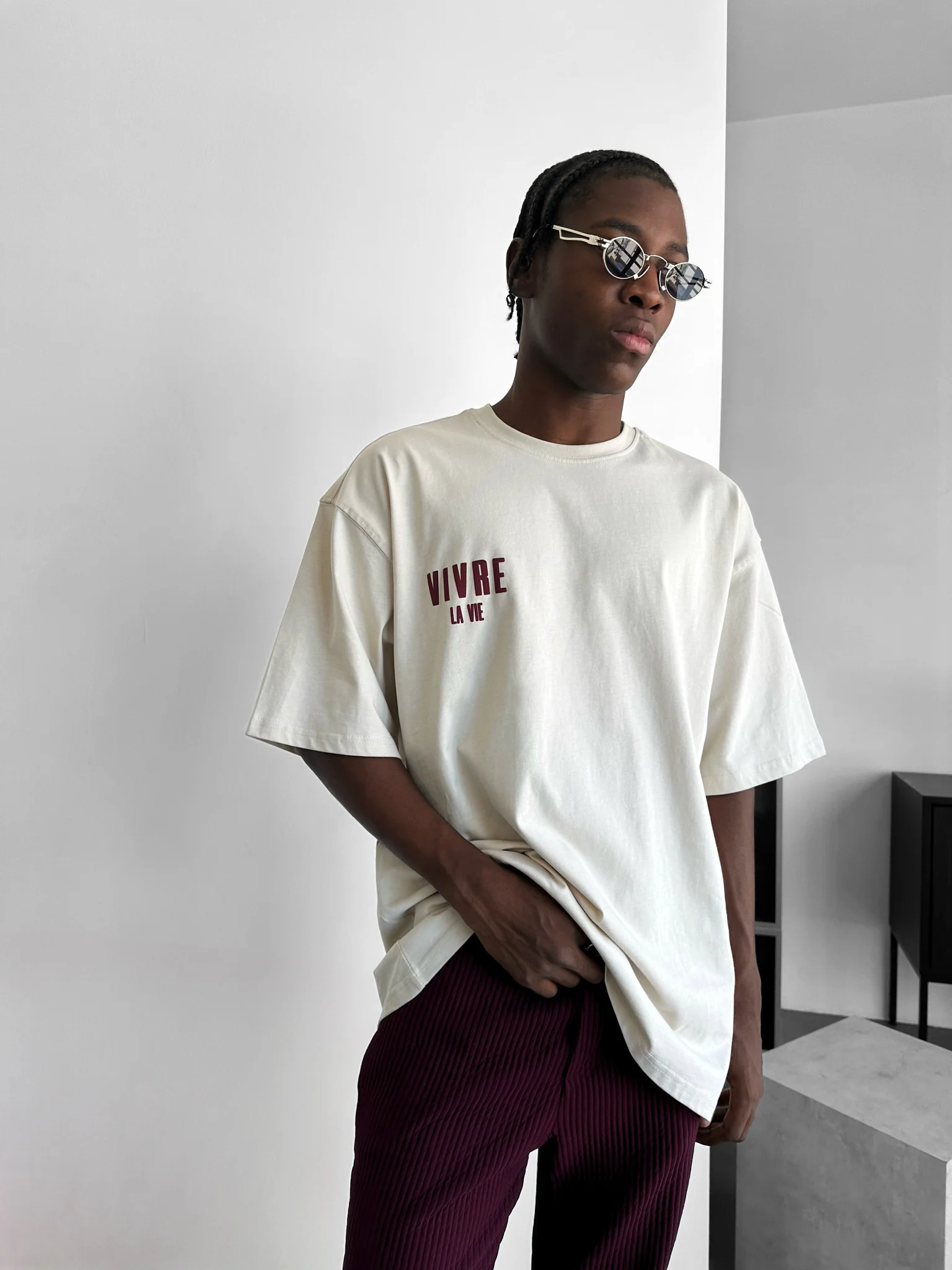 Oversize Vivre la Vie T-shirt - Beige - Image 7