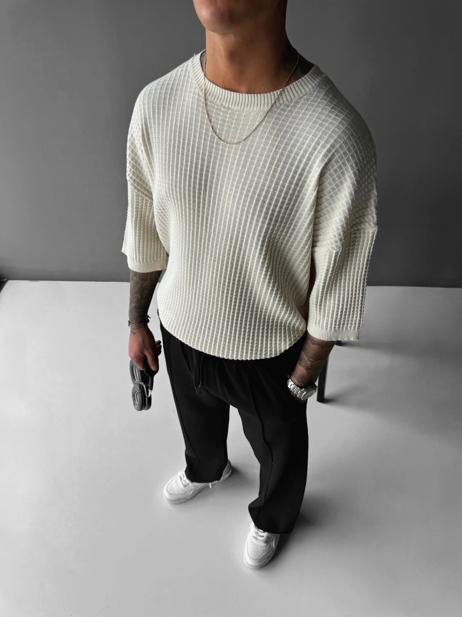 Oversize Waffle T-Shirt - Beige - Image 3