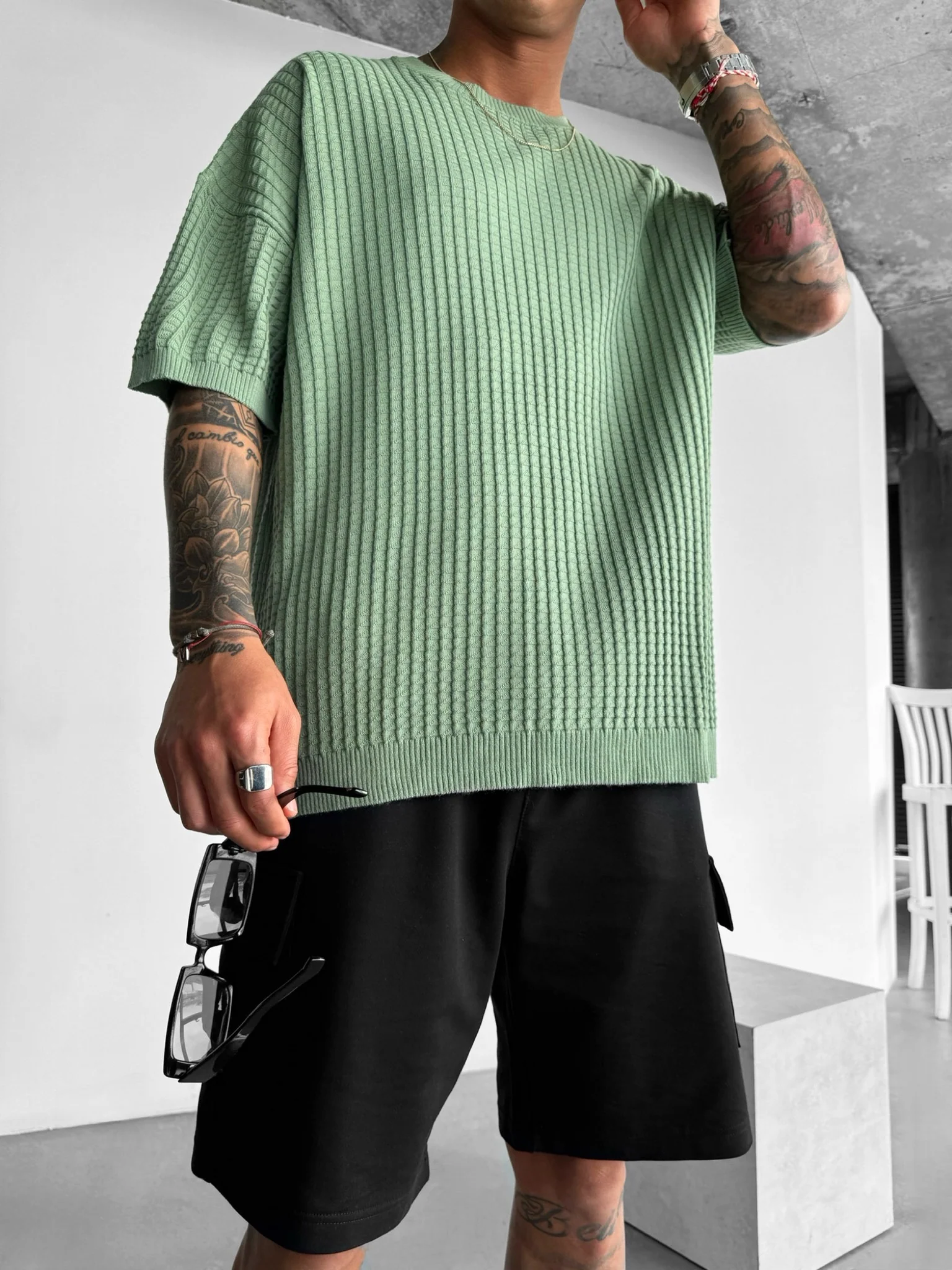 Oversize Waffle T-Shirt - Green - Image 3
