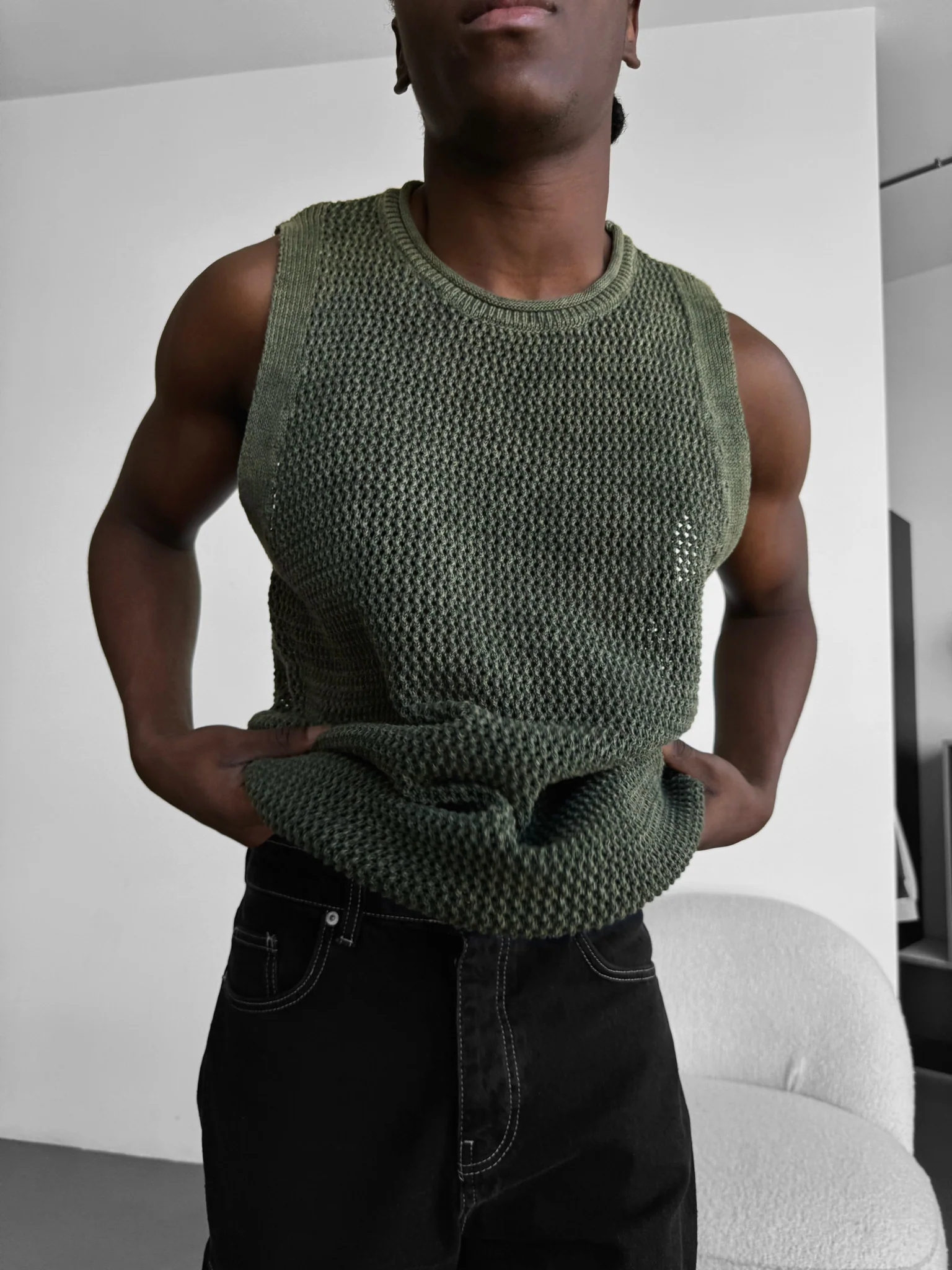 Oversize Washed Knit Tanktop - Khaki - Image 2