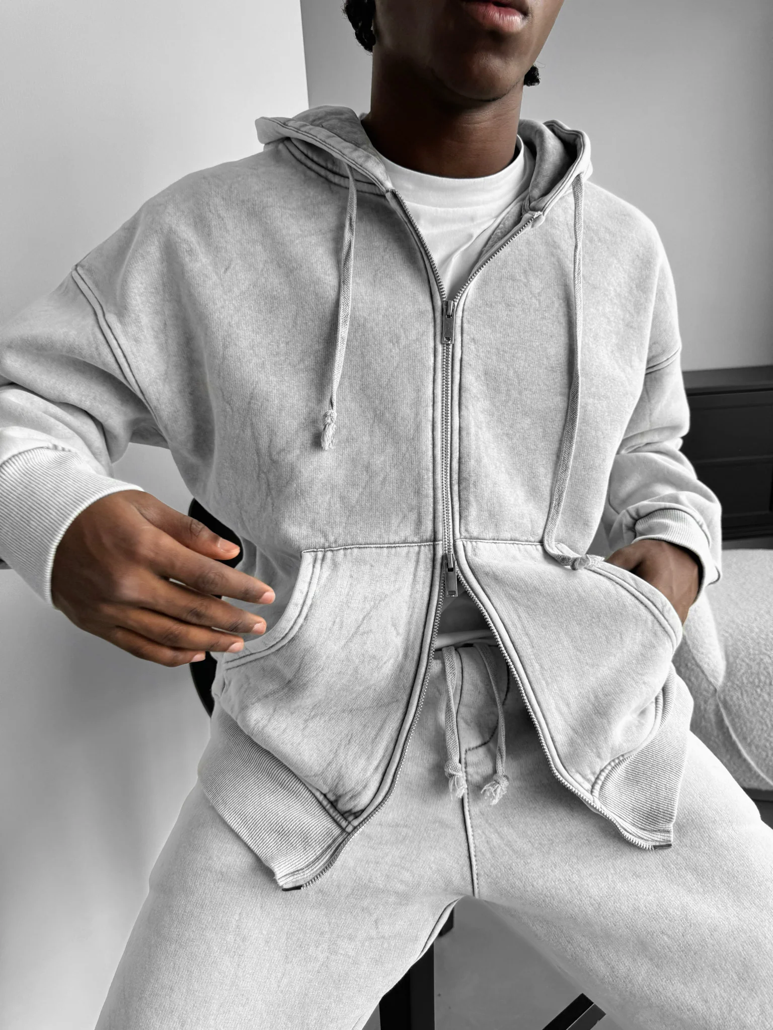 Oversize Washed Zipper Hoodie - Grey - Image 2