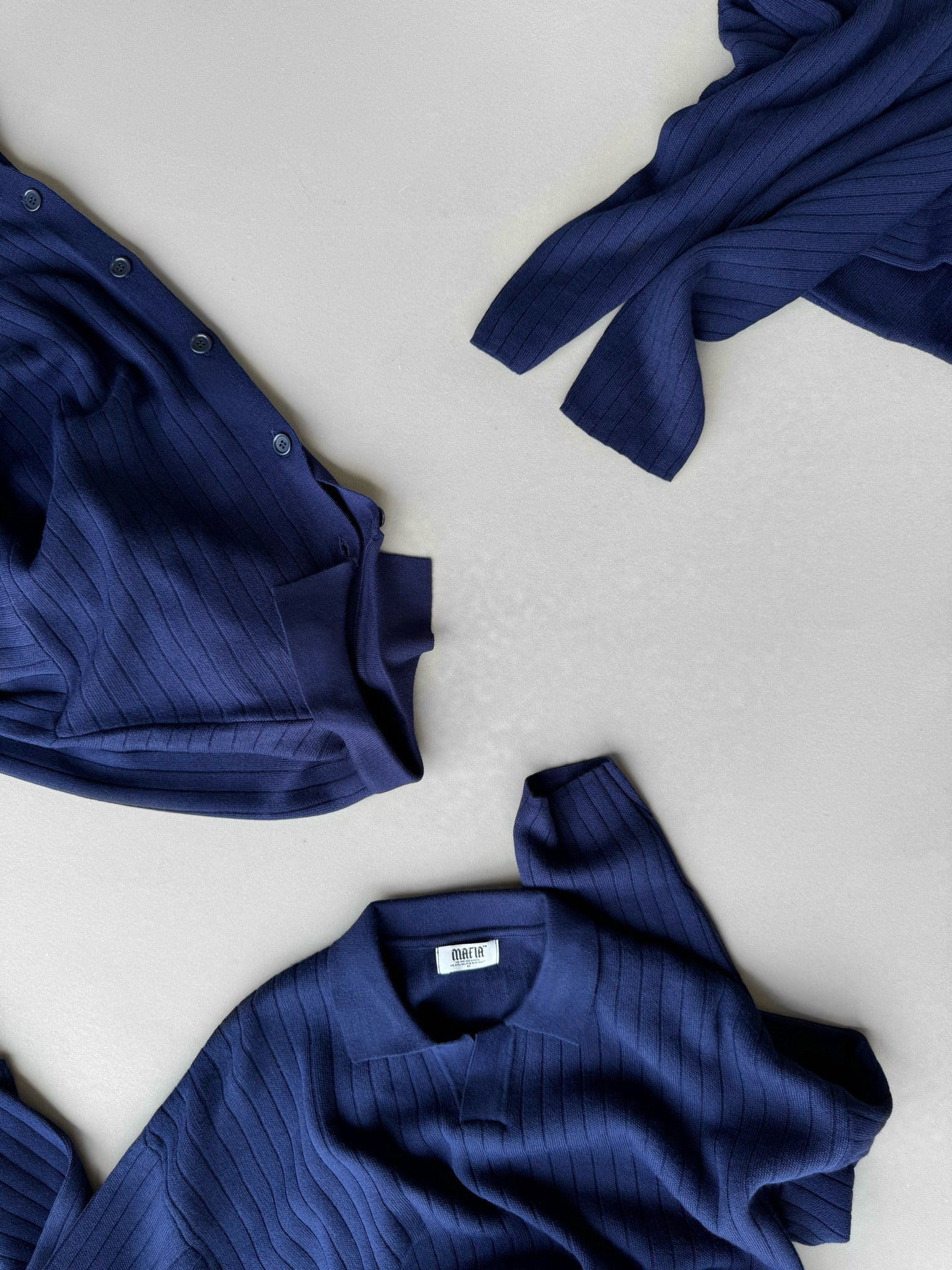 Oversize Wide Ribbed Long Arm Knit Polo Sweatshirt - Navy Blue - Image 3