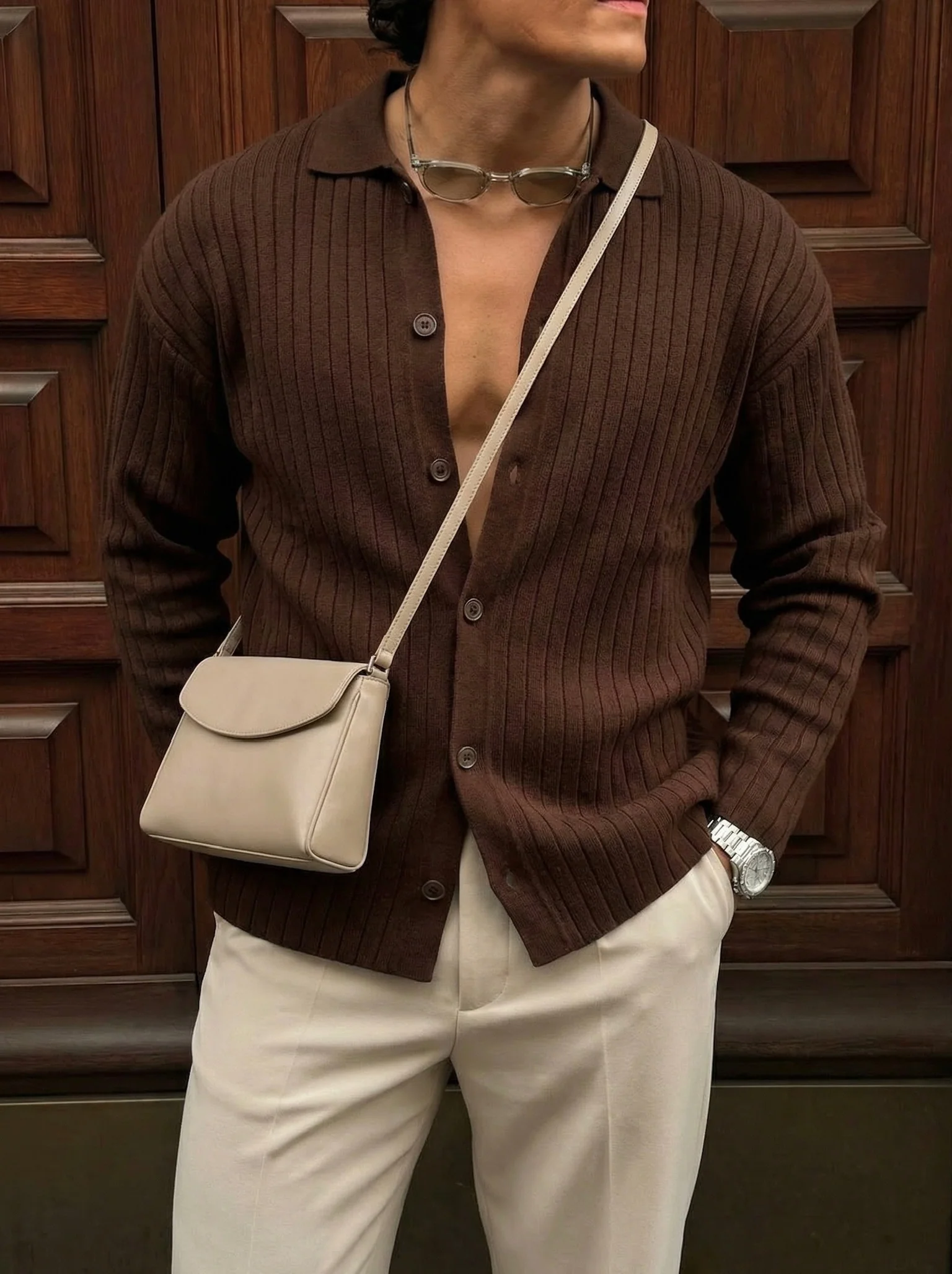 Oversize Wide Ribbed Long Arm Knit Shirt - Dark Brown