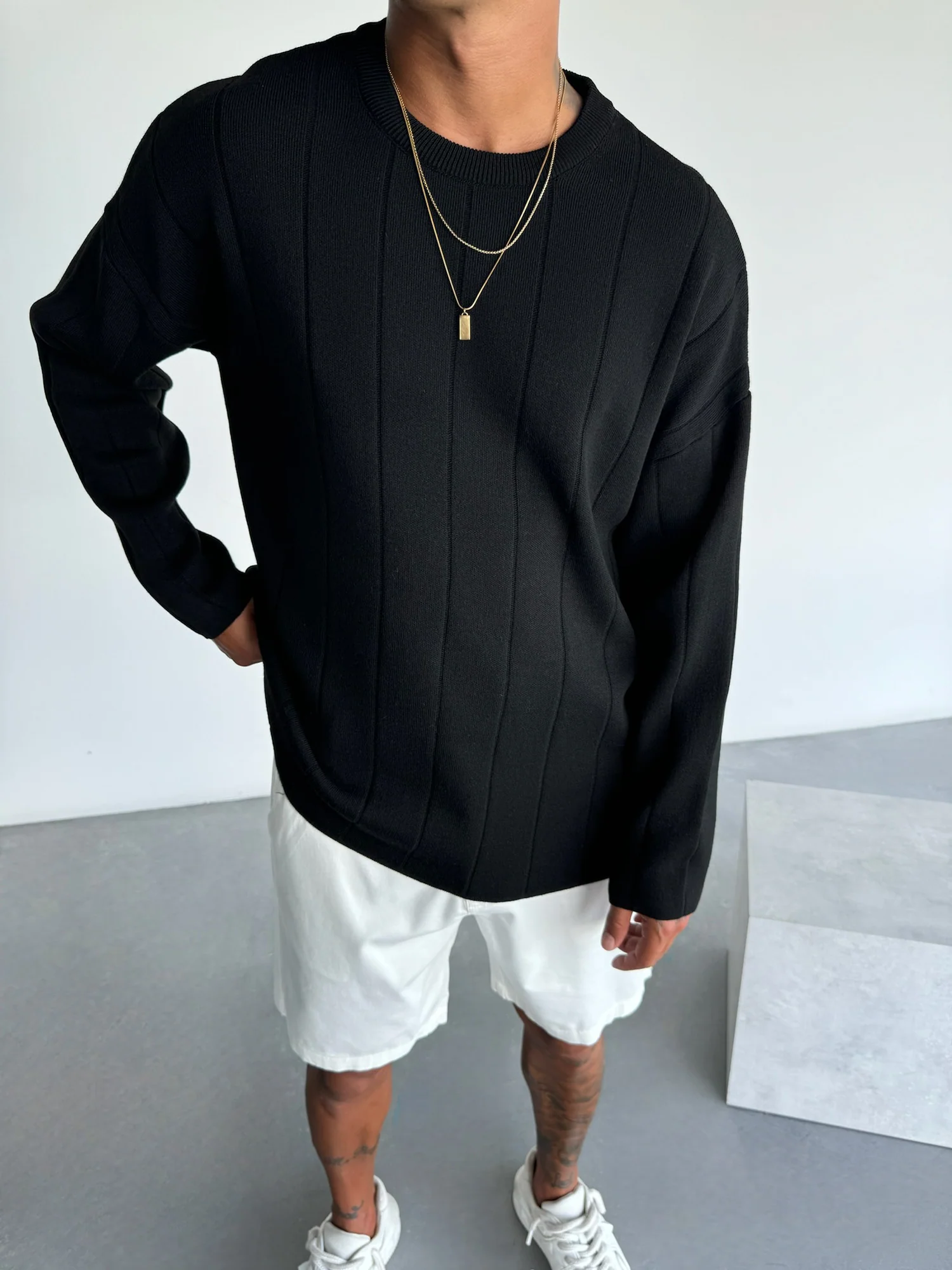 Oversize Lines Knit Sweatshirt - Black - Image 4