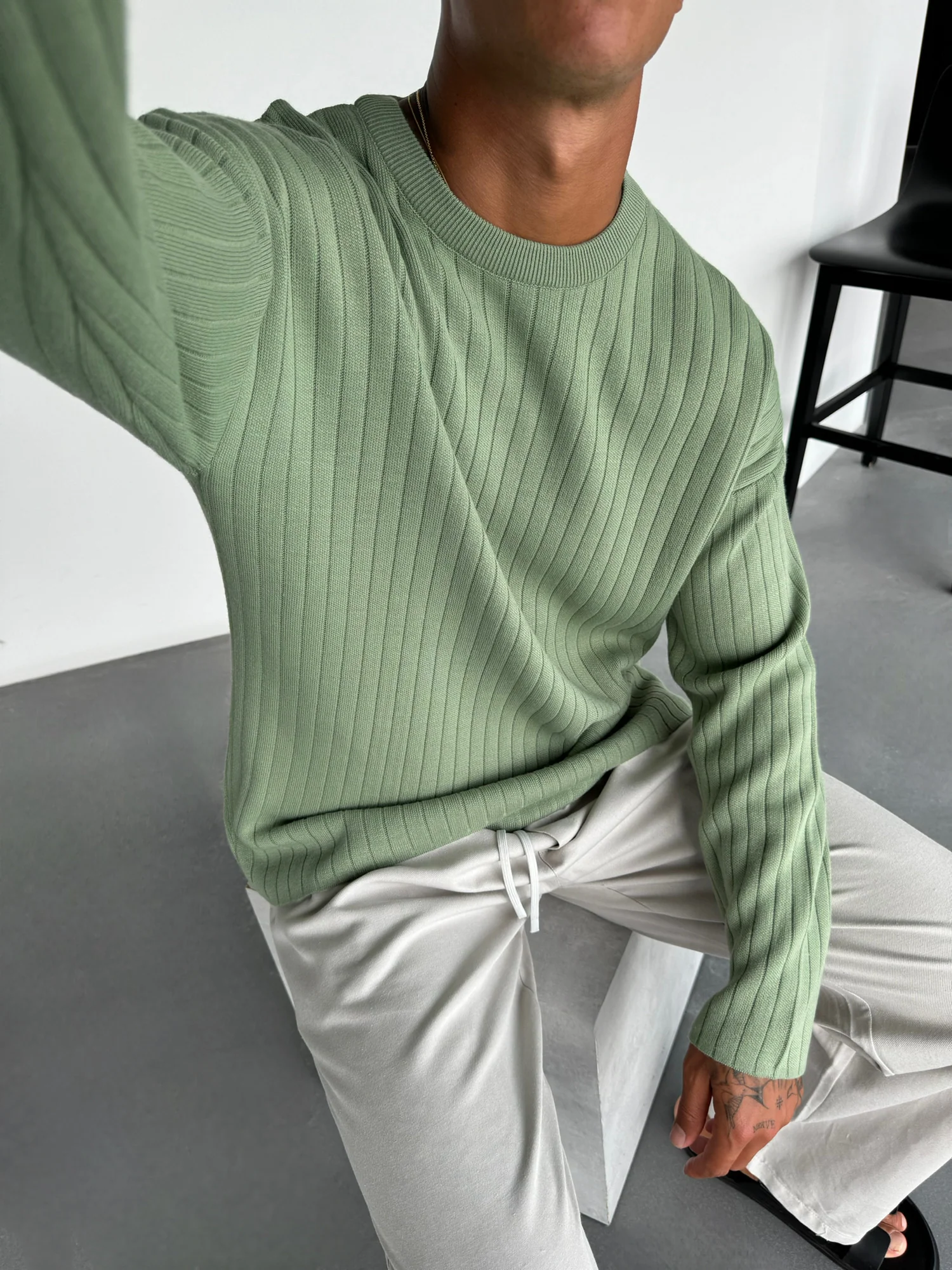 Oversize Wide Ribbed Long Arm Knit Sweatshirt - Grass