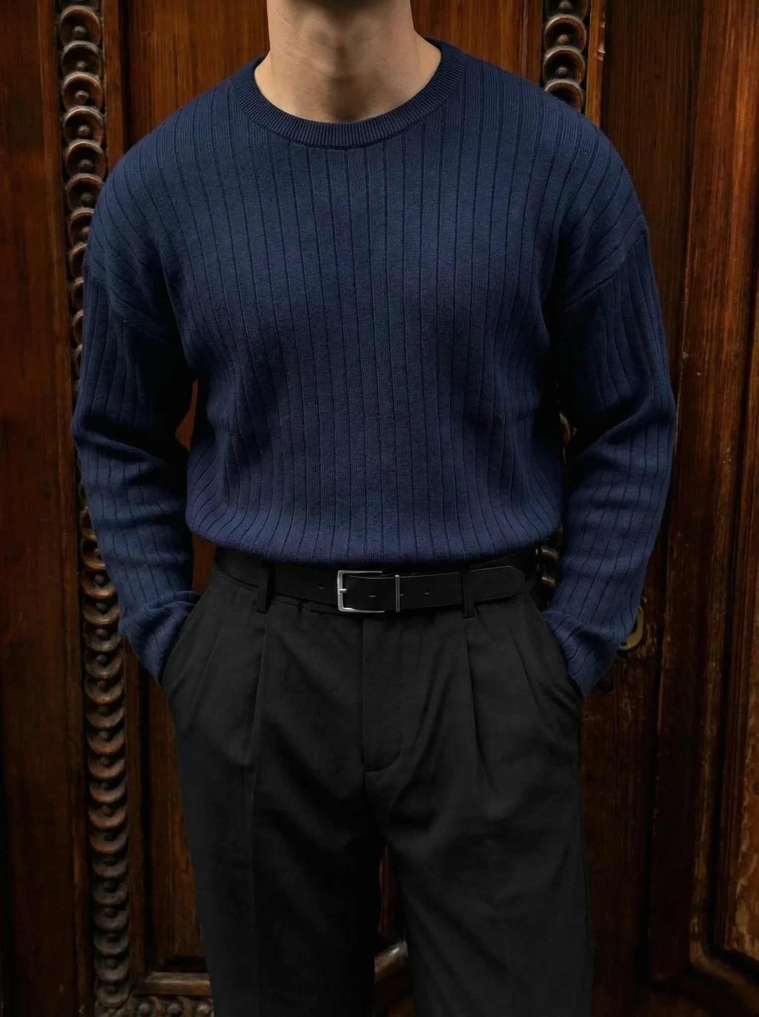 Oversize Wide Ribbed Long Arm Knit Sweatshirt - Navy Blue