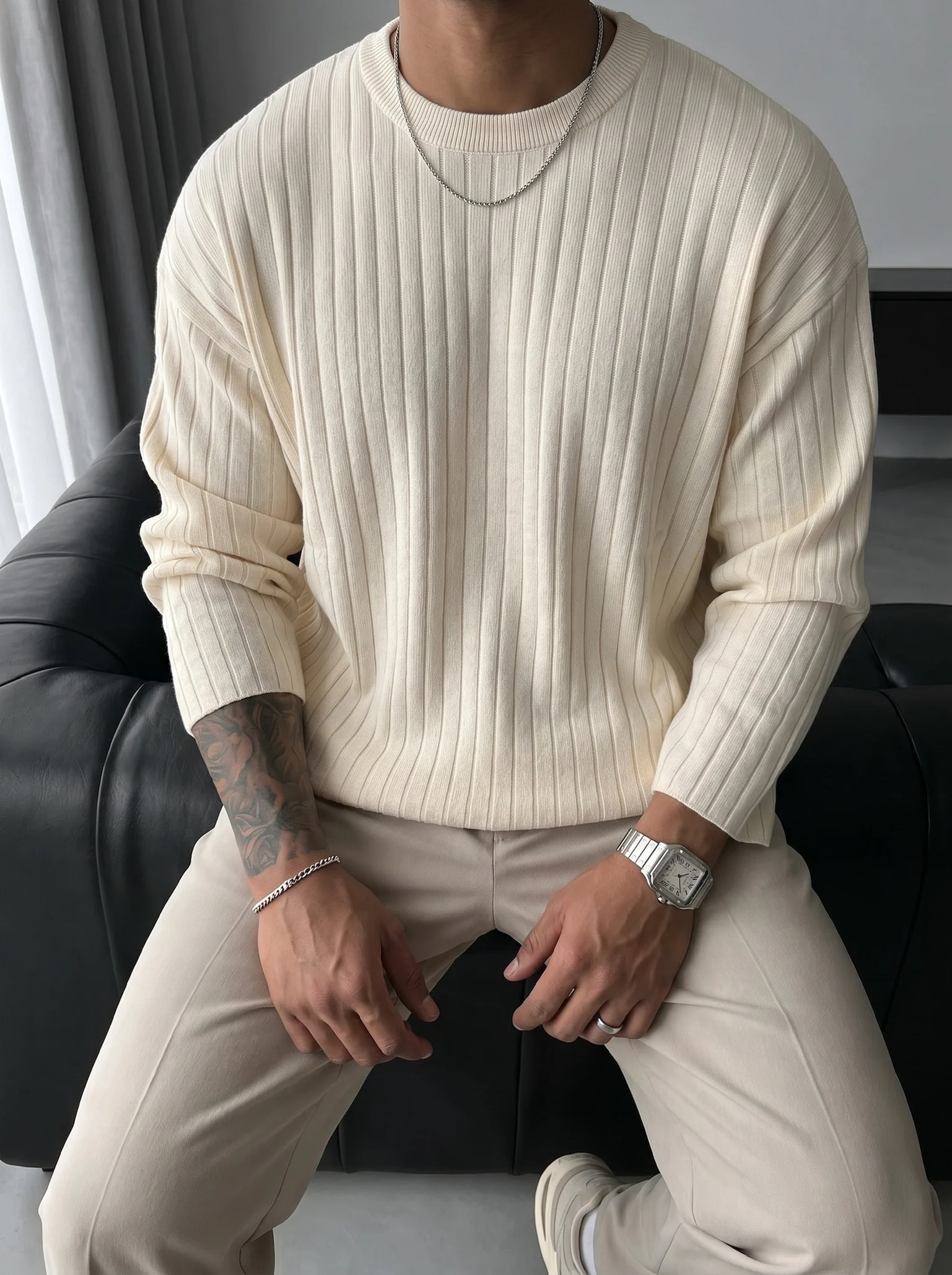 Oversize Wide Ribbed Long Arm Knit Sweatshirt - Stone