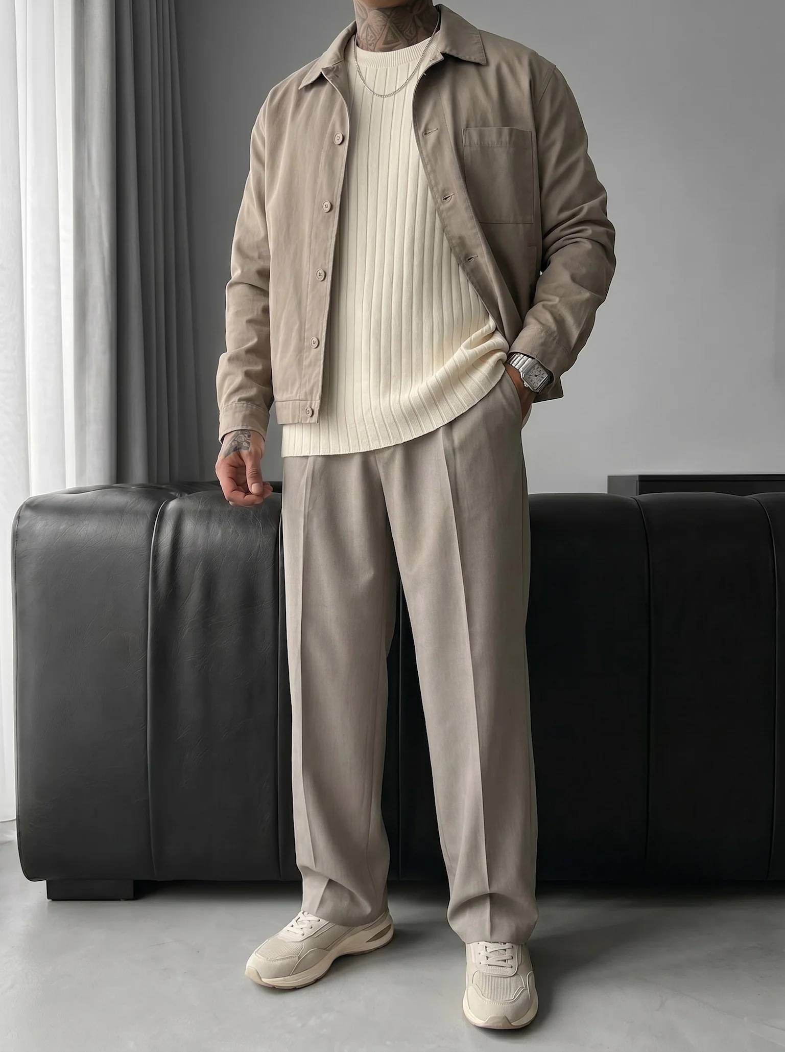 Oversize Wide Ribbed Long Arm Knit Sweatshirt - Stone - Image 3