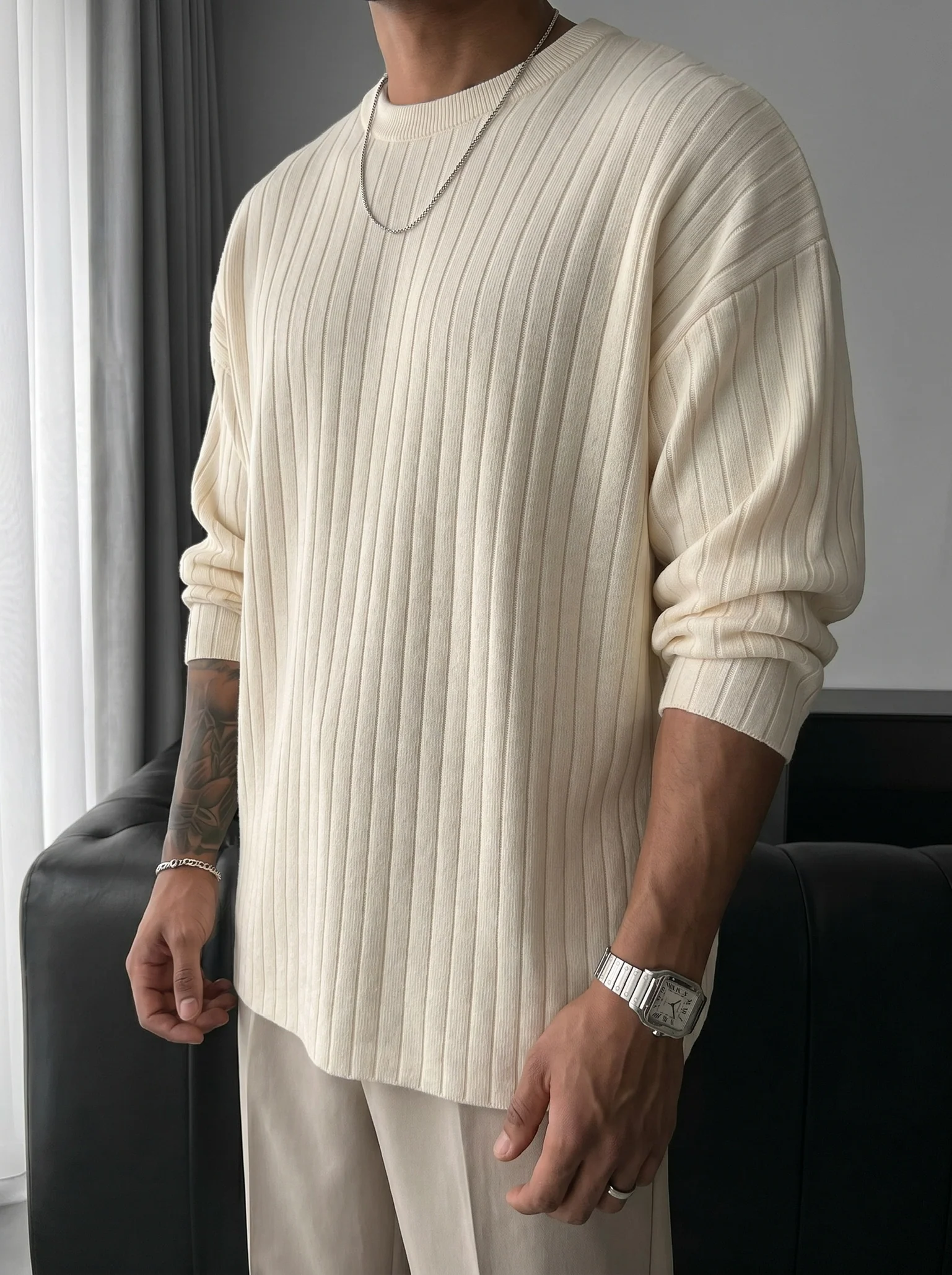Oversize Wide Ribbed Long Arm Knit Sweatshirt - Stone - Image 4