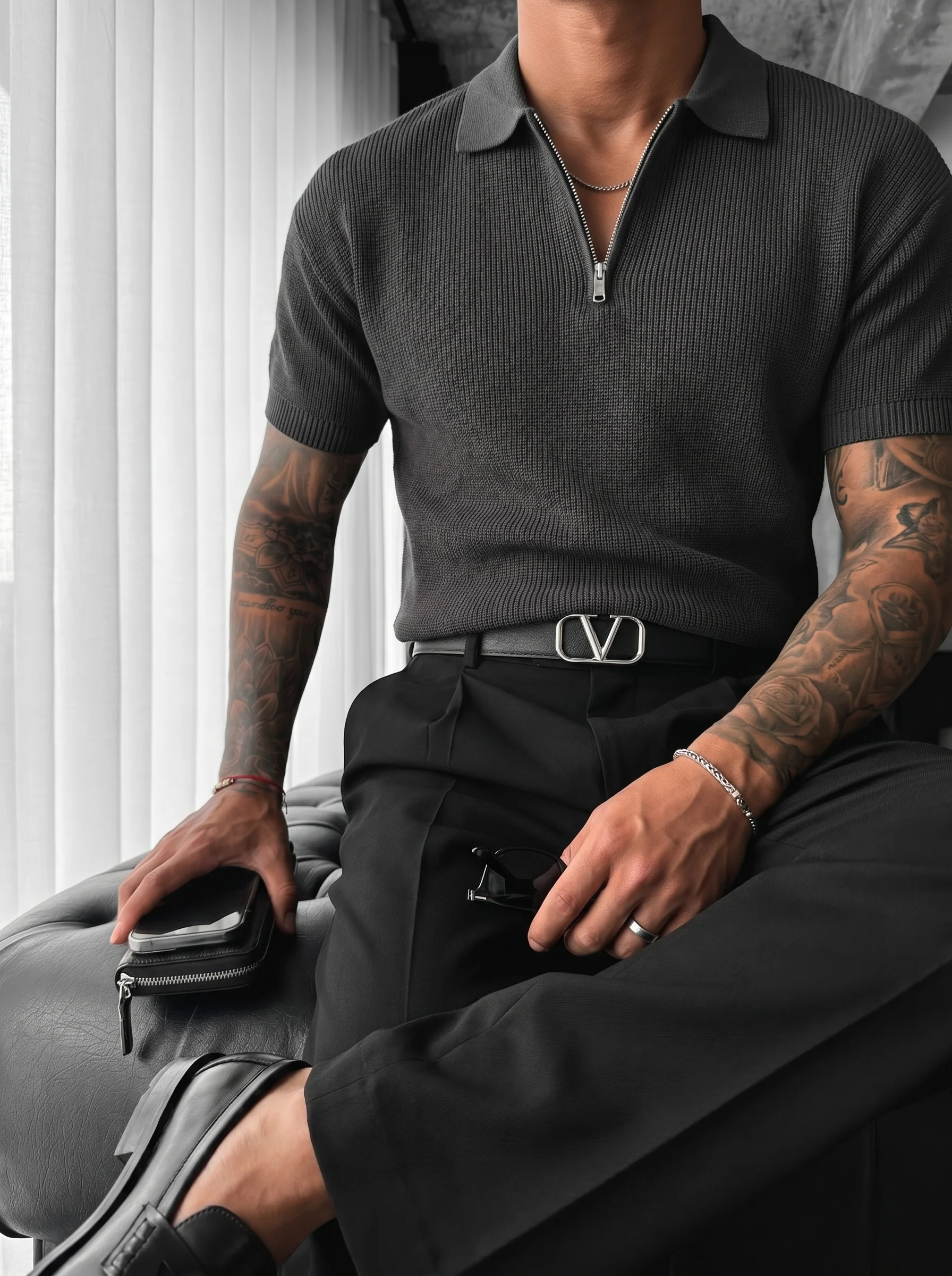 Oversize Zipper Knit Polo T-shirt - Anthracite