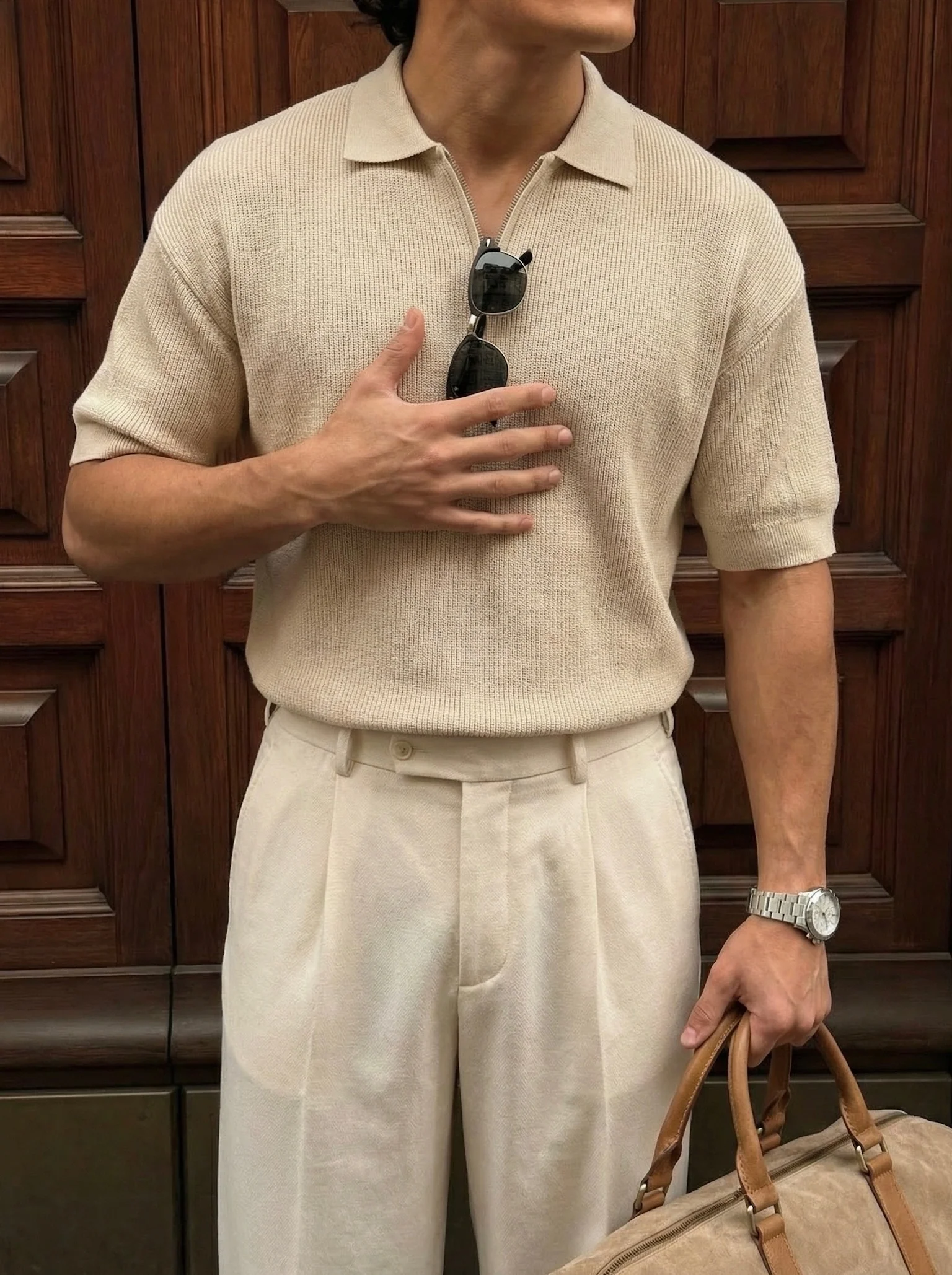 Oversize Zipper Knit Polo T-shirt - Beige - Image 3