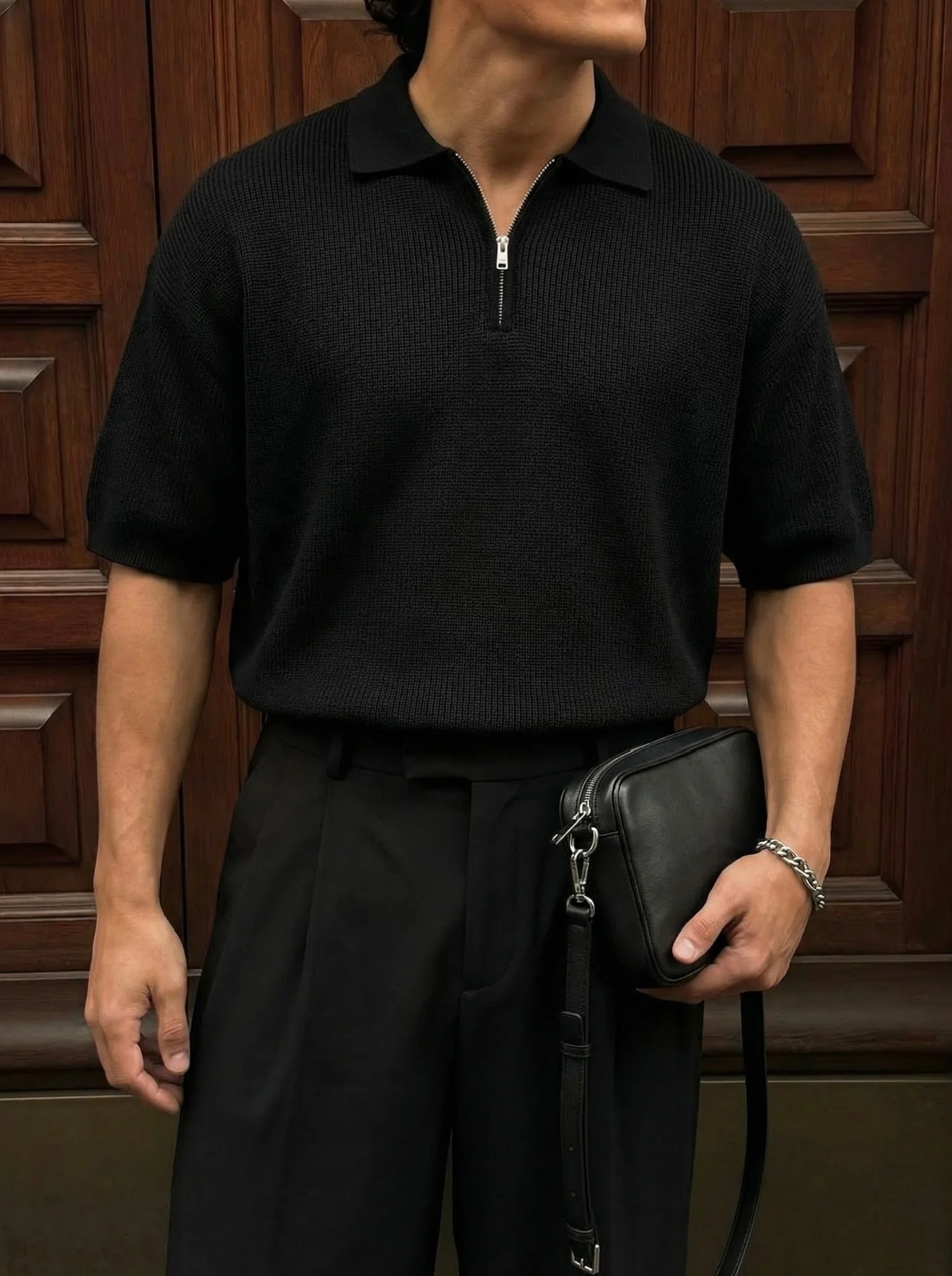 Oversize Zipper Knit Polo T-shirt - Black