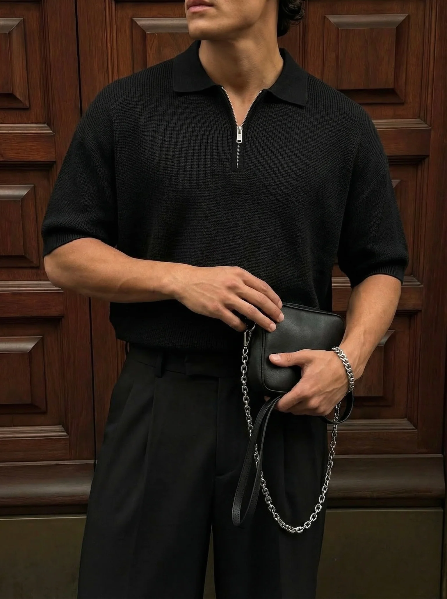 Oversize Zipper Knit Polo T-shirt - Black - Image 3