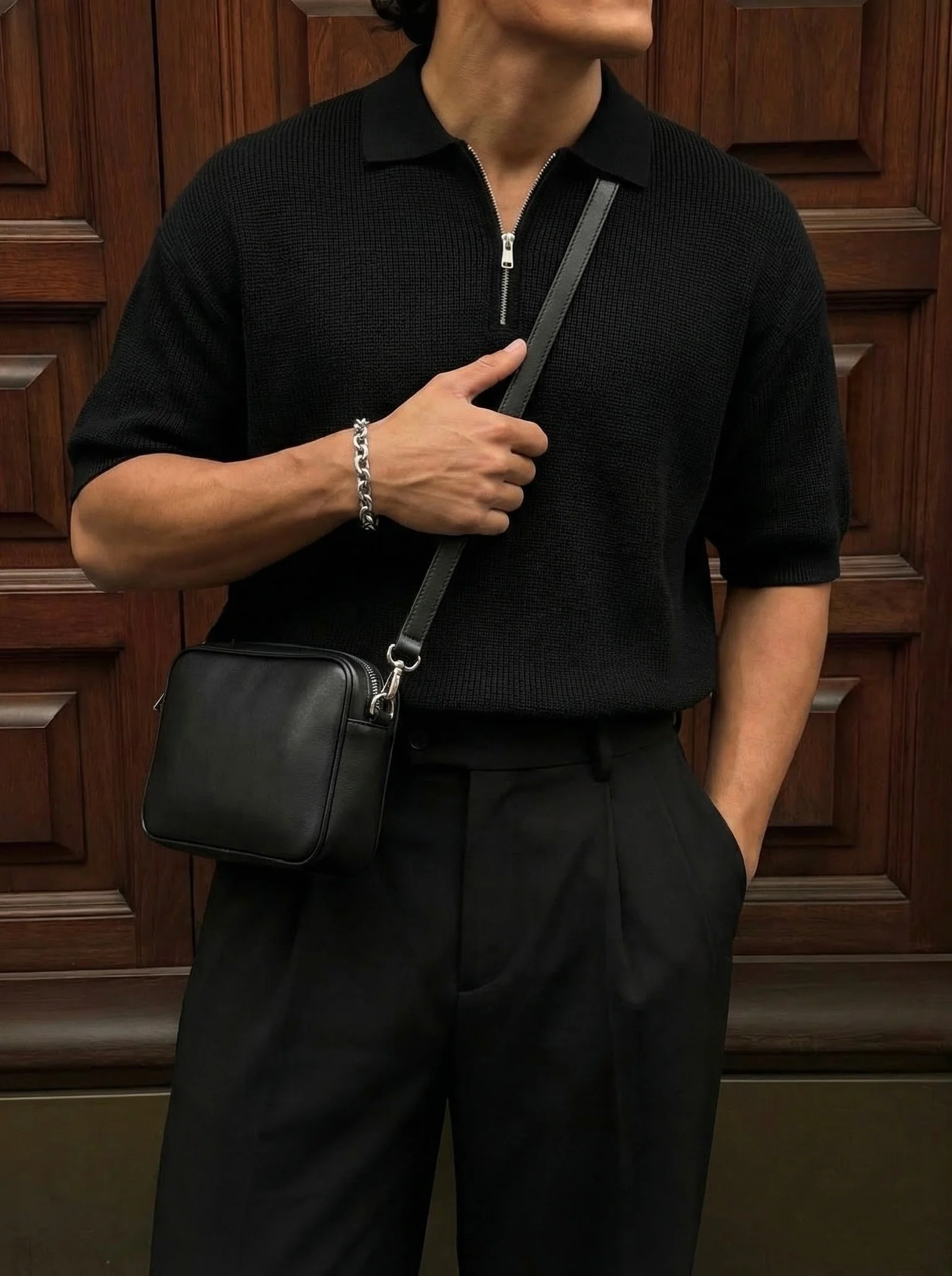 Oversize Zipper Knit Polo T-shirt - Black - Image 4